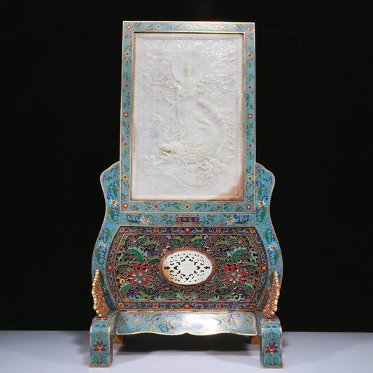 An Exquisite Imperial Cloisonne White Jade-Inlaid 'Guanyin Seated On A Dragon' Table Screen With Imperial Poem Inscriptions From Qianlong Period