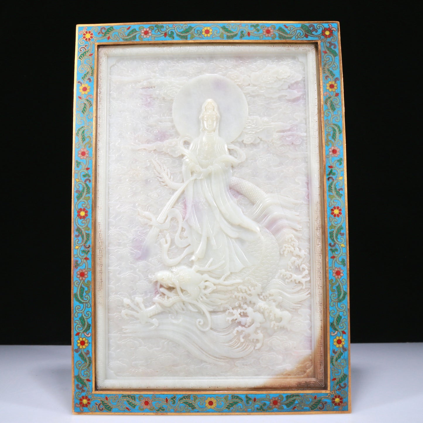 An Exquisite Imperial Cloisonne White Jade-Inlaid 'Guanyin Seated On A Dragon' Table Screen With Imperial Poem Inscriptions From Qianlong Period