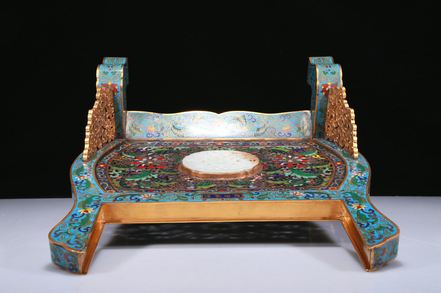 An Exquisite Imperial Cloisonne White Jade-Inlaid 'Guanyin Seated On A Dragon' Table Screen With Imperial Poem Inscriptions From Qianlong Period