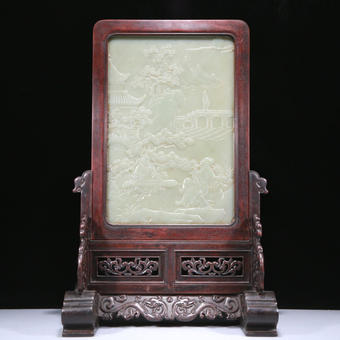 An Exquisite Zitanwood White Jade-Inlaid 'Landscape& Figure' Table Screen With Imperial Poem Inscriptions From Qianlong Period