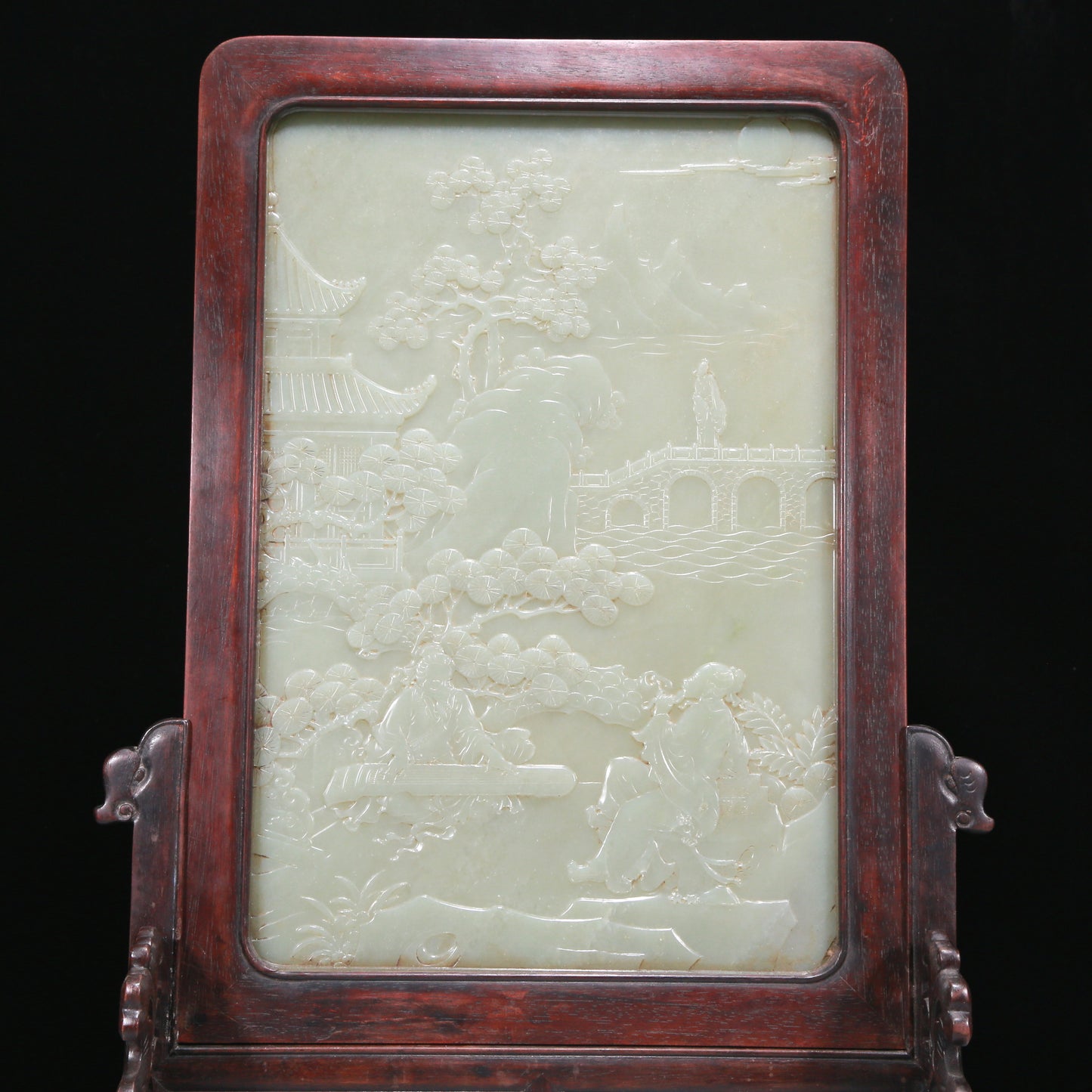 An Exquisite Zitanwood White Jade-Inlaid 'Landscape& Figure' Table Screen With Imperial Poem Inscriptions From Qianlong Period