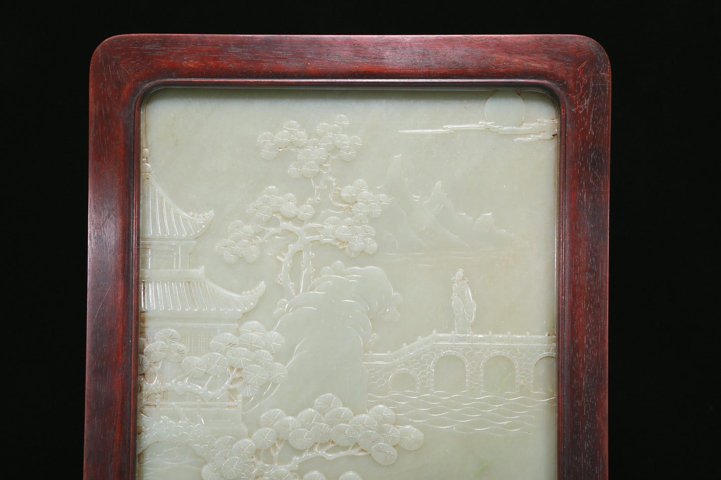 An Exquisite Zitanwood White Jade-Inlaid 'Landscape& Figure' Table Screen With Imperial Poem Inscriptions From Qianlong Period