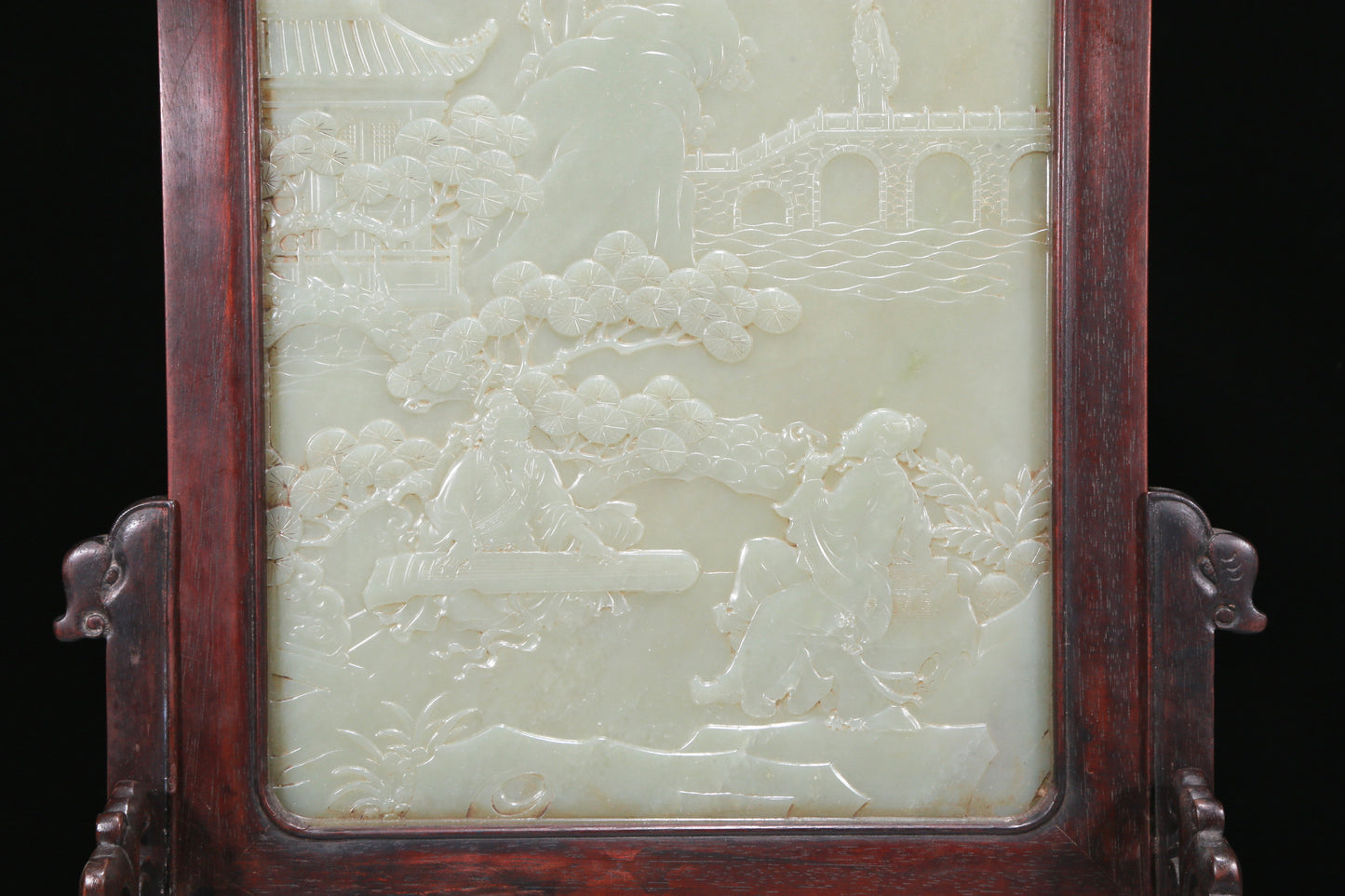 An Exquisite Zitanwood White Jade-Inlaid 'Landscape& Figure' Table Screen With Imperial Poem Inscriptions From Qianlong Period