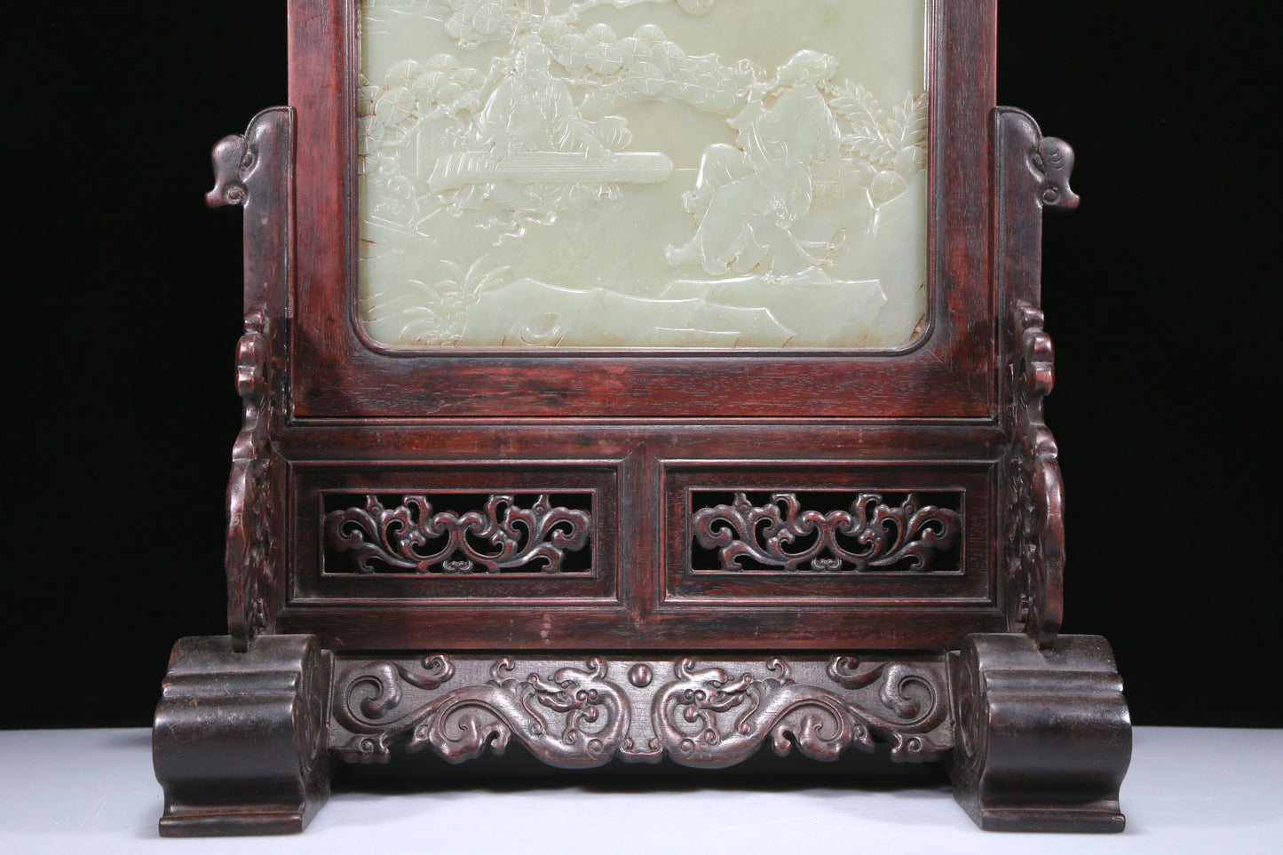 An Exquisite Zitanwood White Jade-Inlaid 'Landscape& Figure' Table Screen With Imperial Poem Inscriptions From Qianlong Period