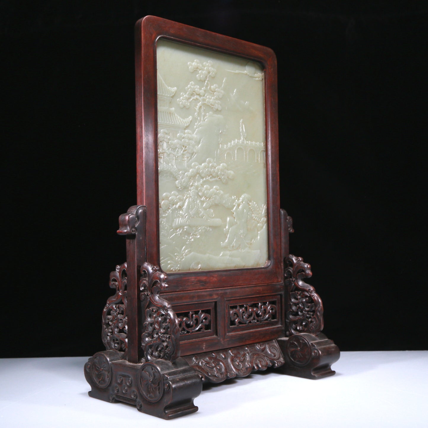 An Exquisite Zitanwood White Jade-Inlaid 'Landscape& Figure' Table Screen With Imperial Poem Inscriptions From Qianlong Period