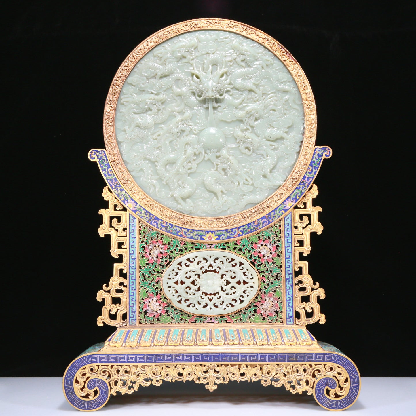 An Exquisite Cloisonne White Jade-Inlaid 'Dragon& Auspicious Cloud' Table Screen With Poem Inscriptions