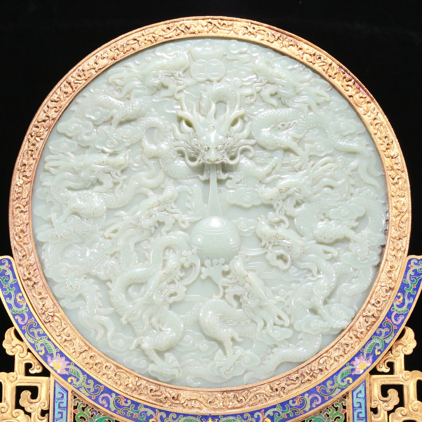 An Exquisite Cloisonne White Jade-Inlaid 'Dragon& Auspicious Cloud' Table Screen With Poem Inscriptions