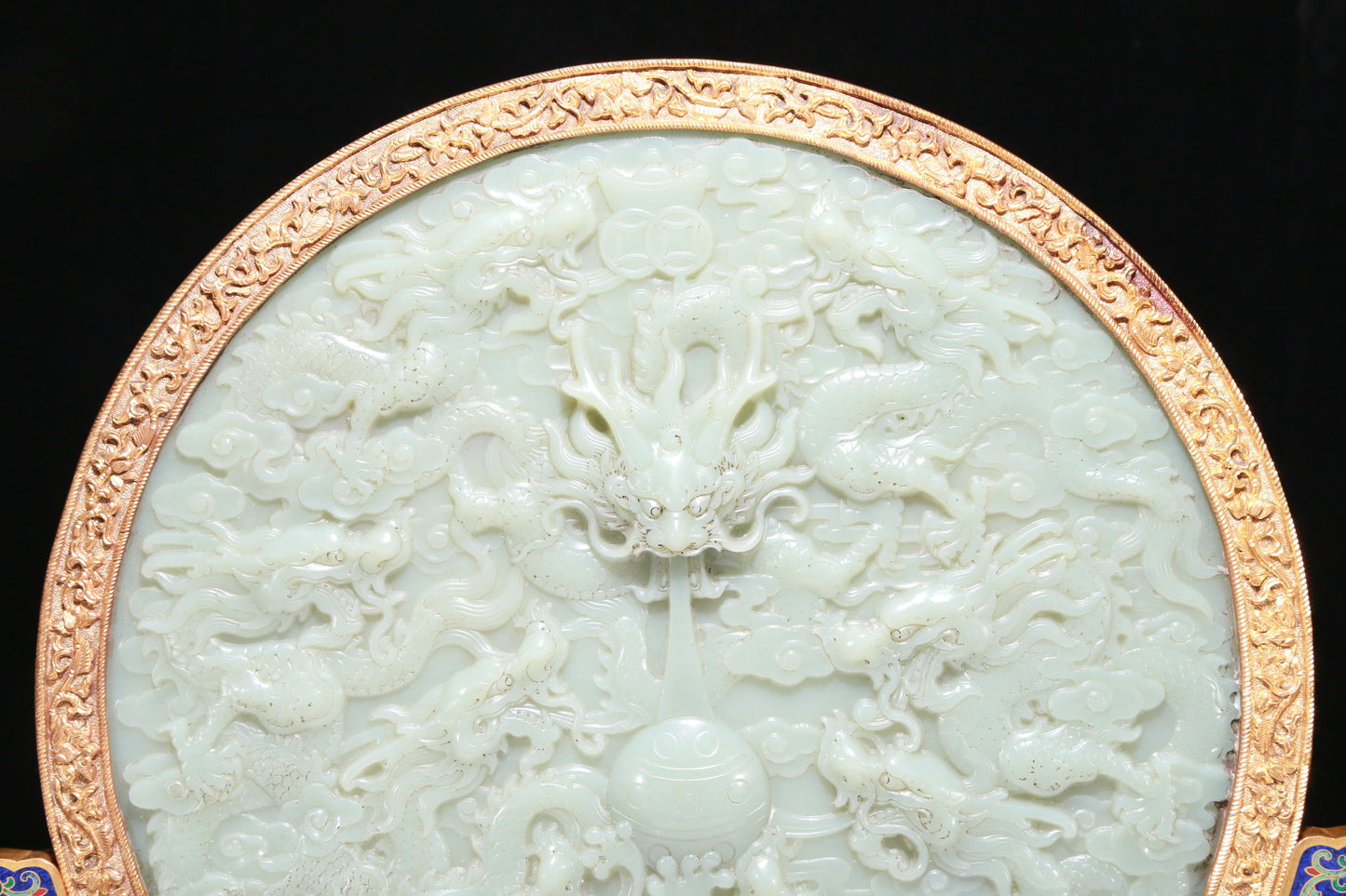 An Exquisite Cloisonne White Jade-Inlaid 'Dragon& Auspicious Cloud' Table Screen With Poem Inscriptions