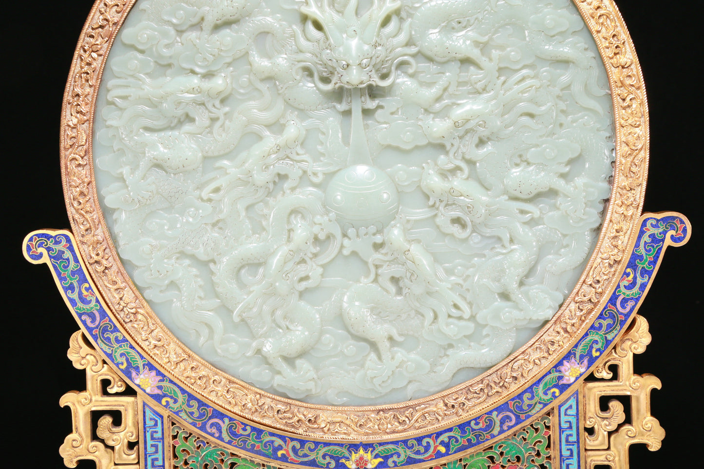 An Exquisite Cloisonne White Jade-Inlaid 'Dragon& Auspicious Cloud' Table Screen With Poem Inscriptions