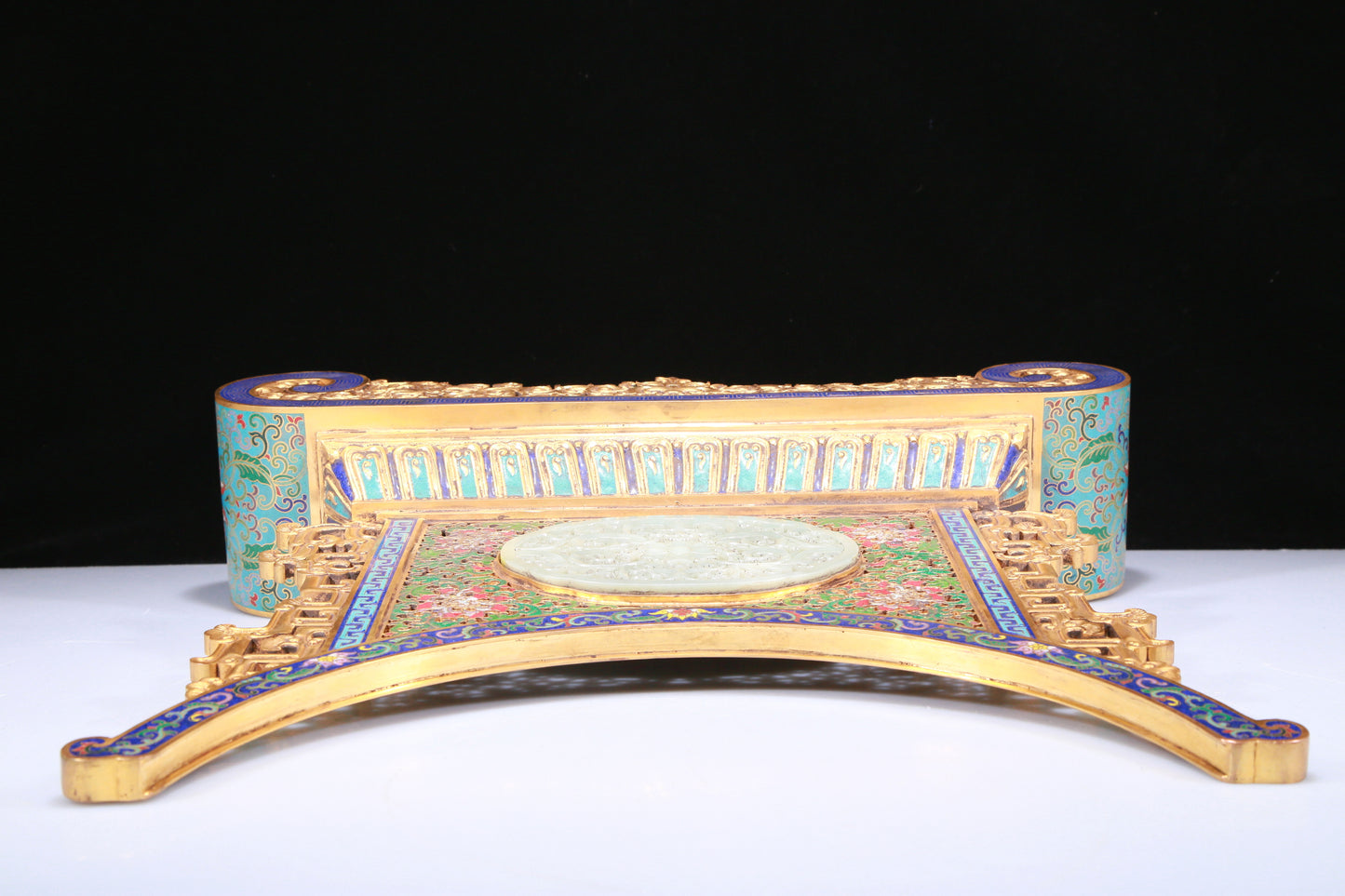 An Exquisite Cloisonne White Jade-Inlaid 'Dragon& Auspicious Cloud' Table Screen With Poem Inscriptions