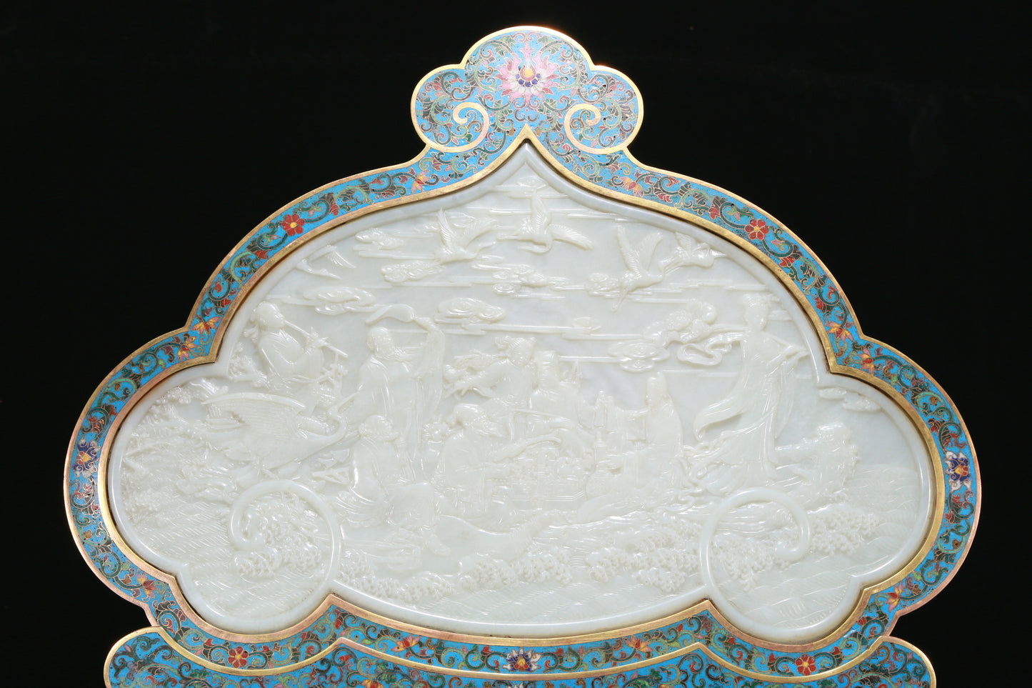 An Exquisite Imperial Cloisonne White Jade-Inlaid 'The Eight Immortals Crossing The Ocean' Table Screen With Imperial Poem Inscriptions From Qianlong Period