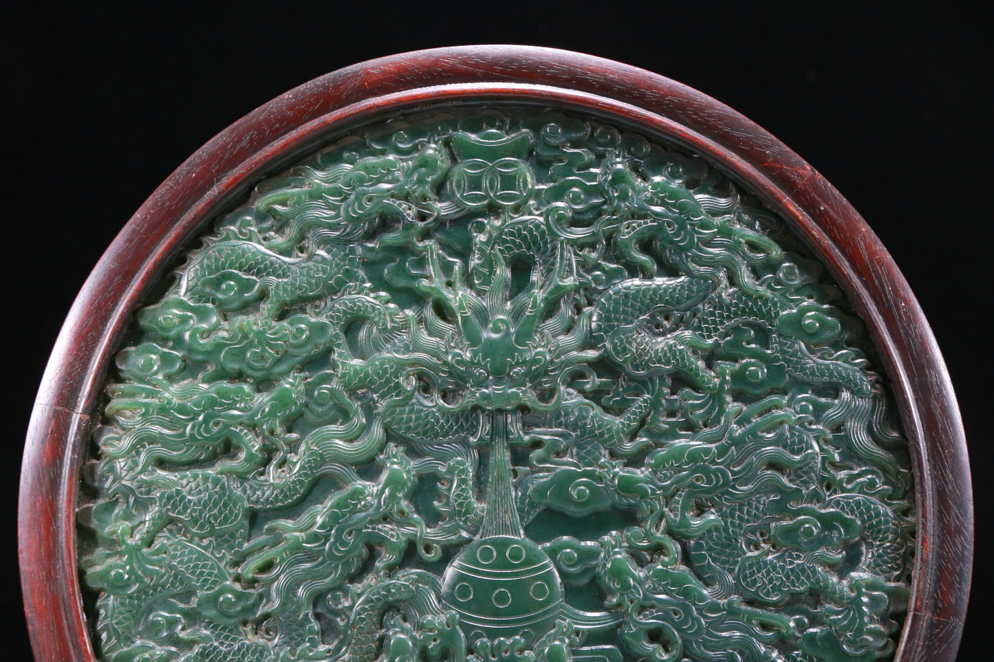 An Exquisite Zitanwood Jasper-Inlaid 'Dragon& Auspicious Cloud' Table Screen With Poem Inscriptions