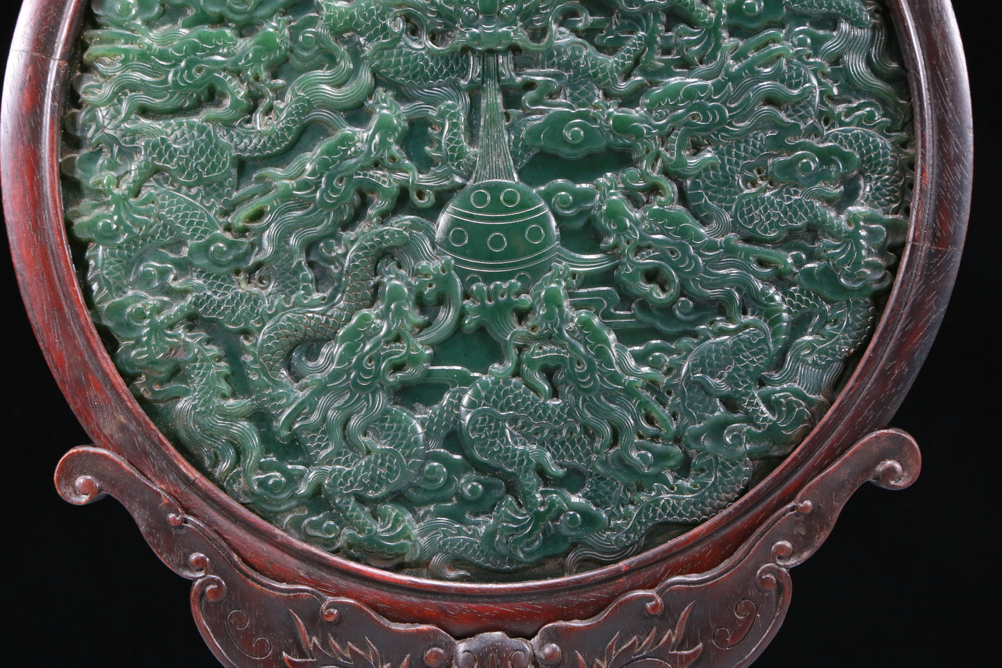 An Exquisite Zitanwood Jasper-Inlaid 'Dragon& Auspicious Cloud' Table Screen With Poem Inscriptions