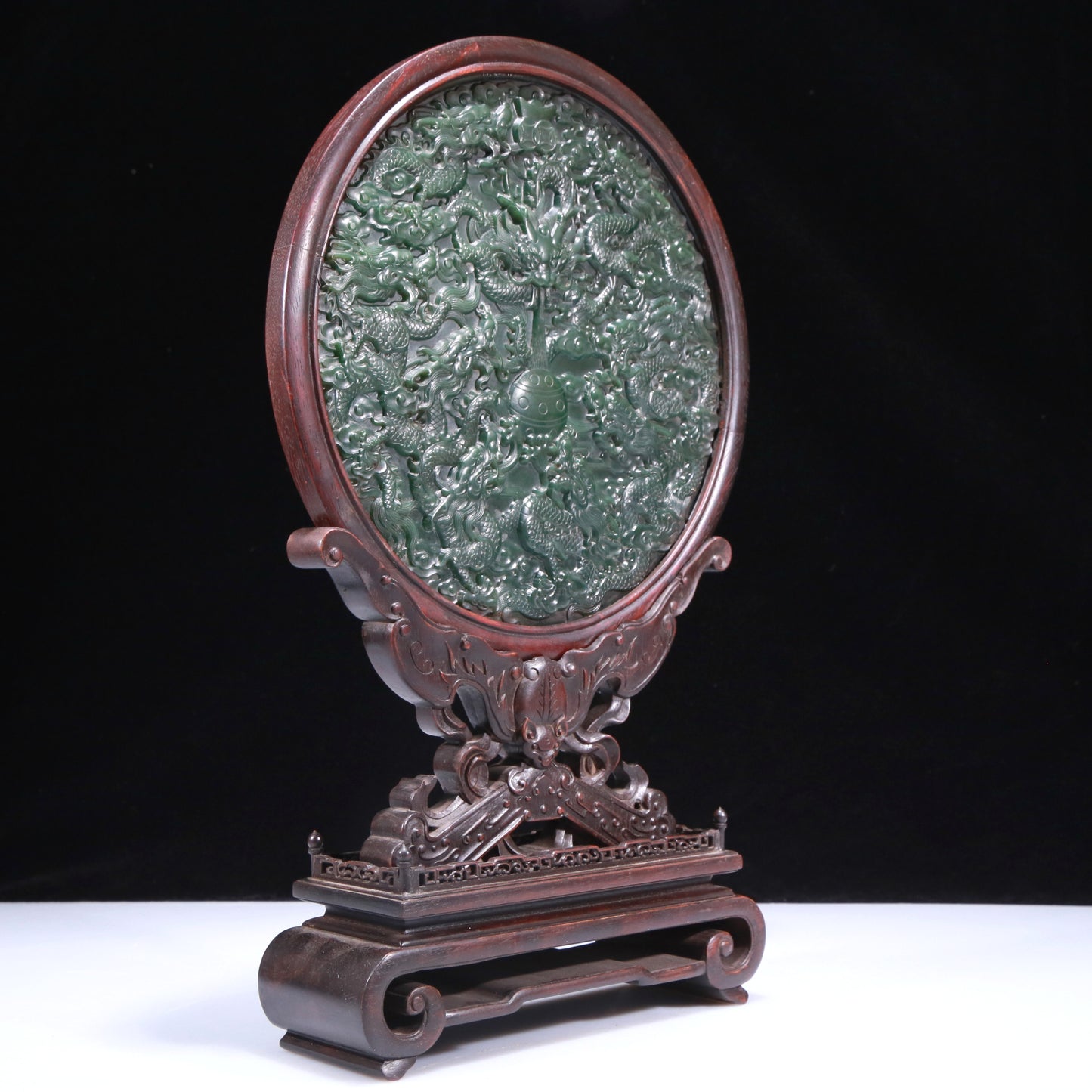 An Exquisite Zitanwood Jasper-Inlaid 'Dragon& Auspicious Cloud' Table Screen With Poem Inscriptions