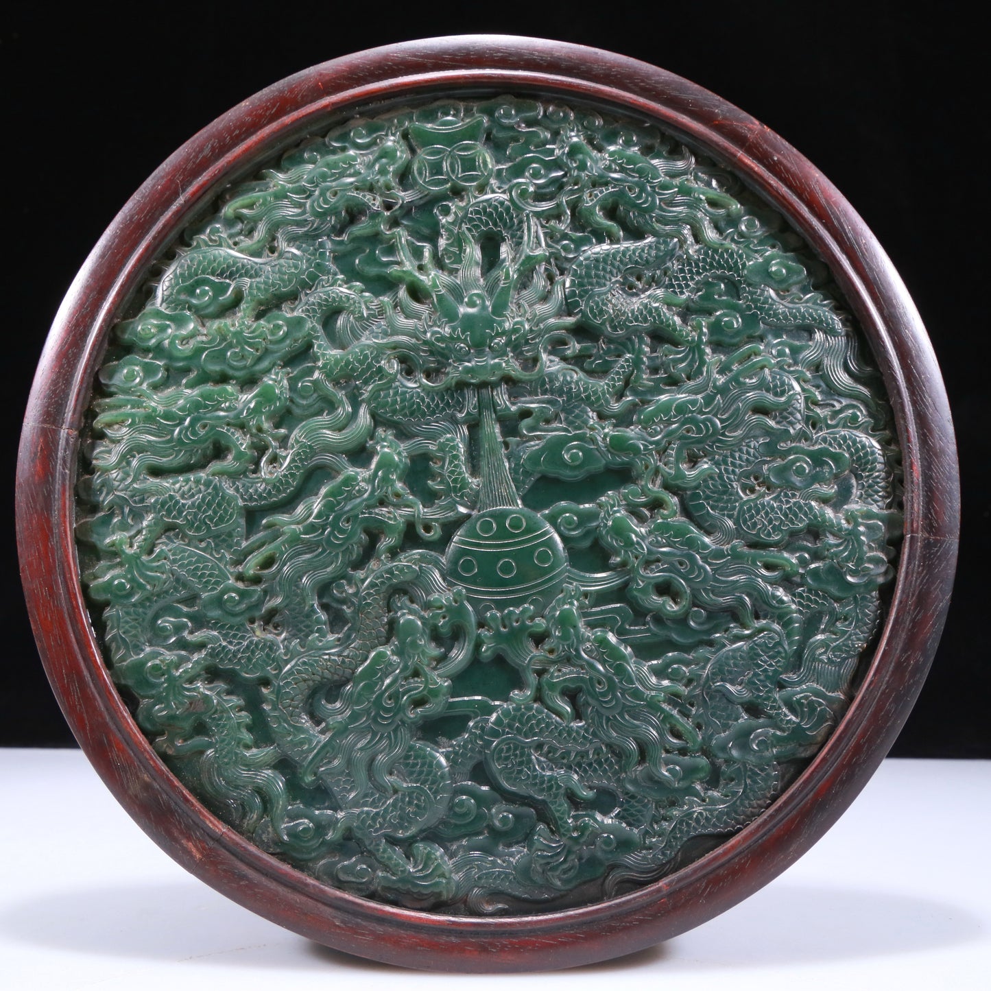 An Exquisite Zitanwood Jasper-Inlaid 'Dragon& Auspicious Cloud' Table Screen With Poem Inscriptions