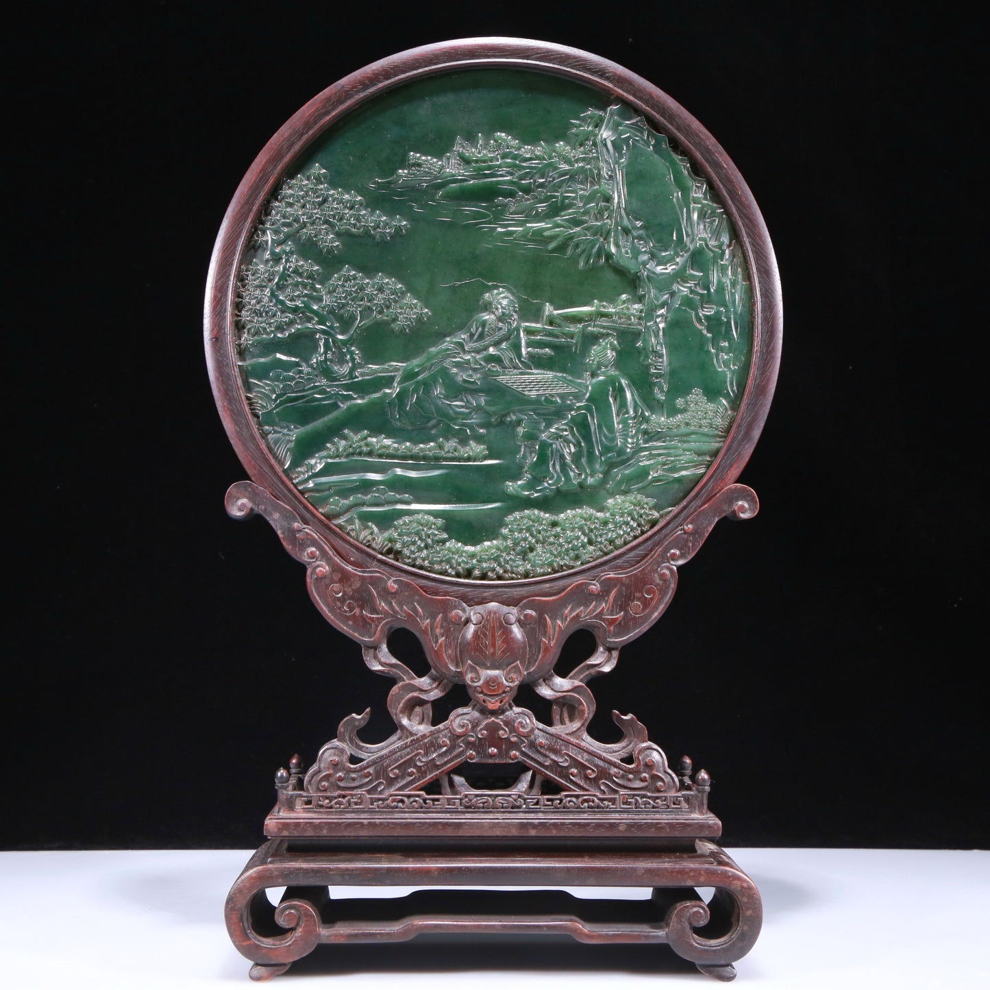 An Exquisite Zitanwood Jasper-Inlaid 'Figure& Landscape' Table Screen With Poem Inscriptions