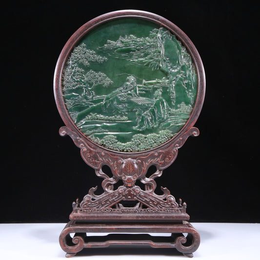 An Exquisite Zitanwood Jasper-Inlaid 'Figure& Landscape' Table Screen With Poem Inscriptions