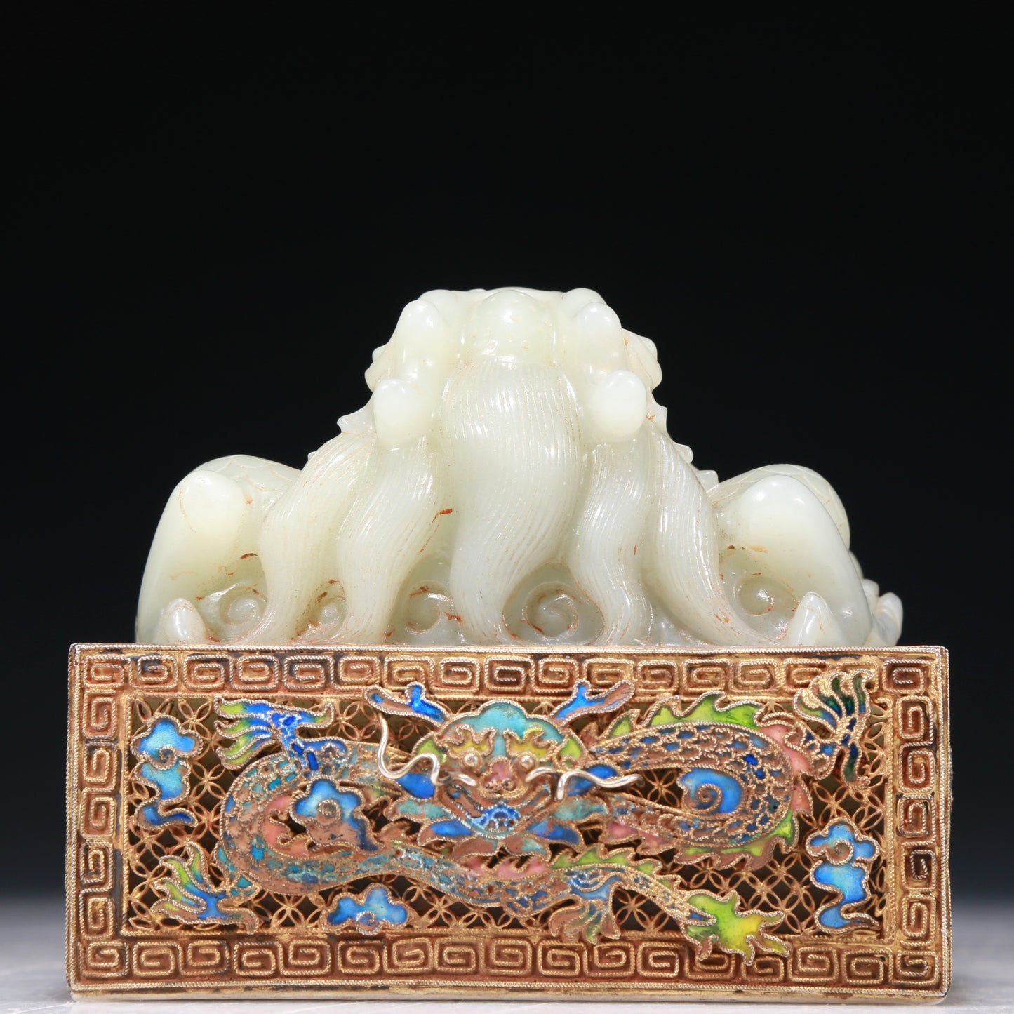 A Marvelous White Jade Gold-Mounted Blueing 'Dragon' Seal