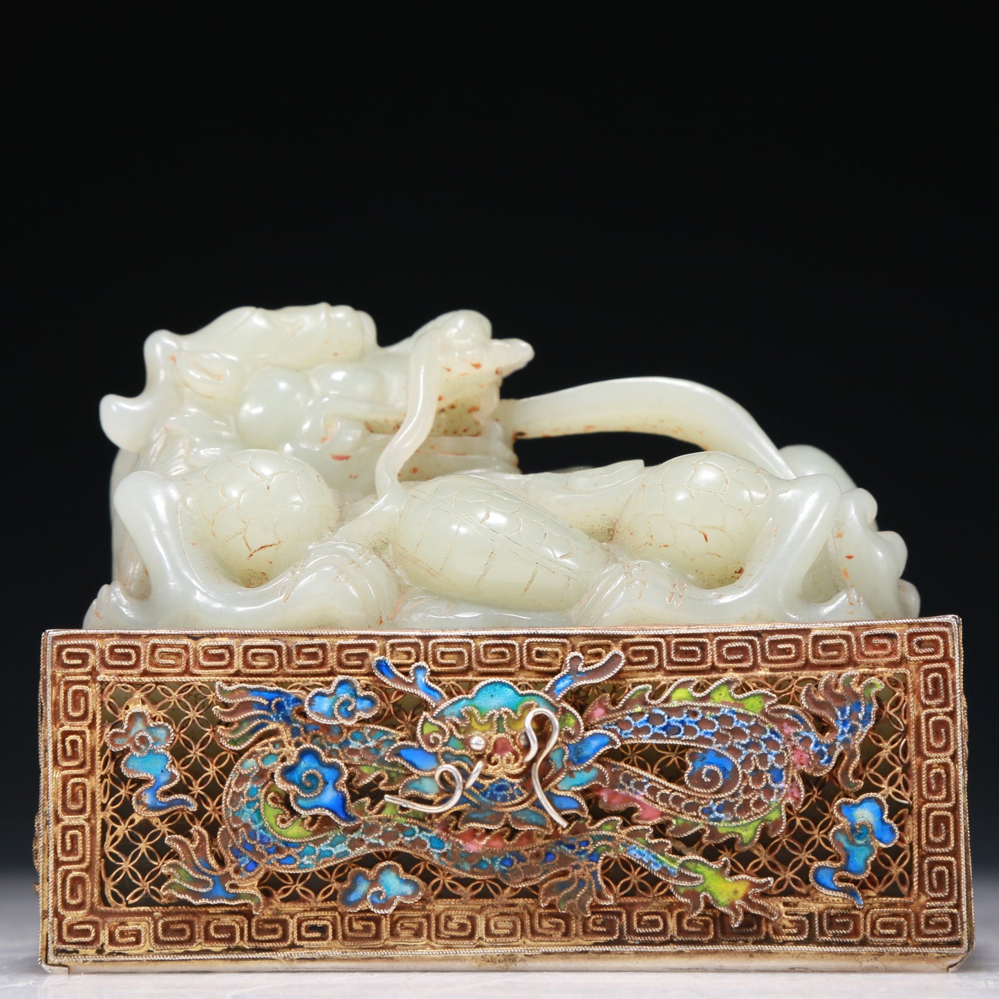 A Marvelous White Jade Gold-Mounted Blueing 'Dragon' Seal