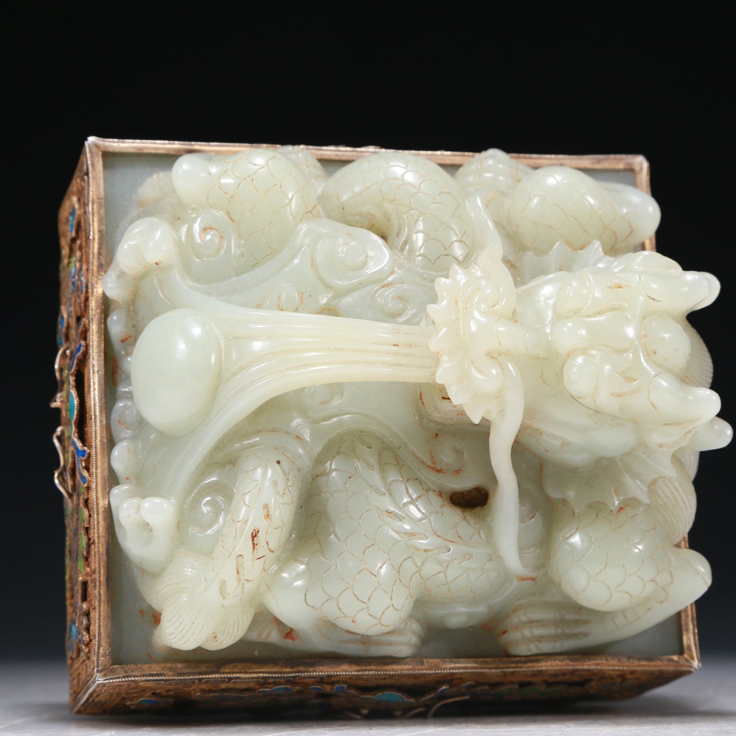 A Marvelous White Jade Gold-Mounted Blueing 'Dragon' Seal