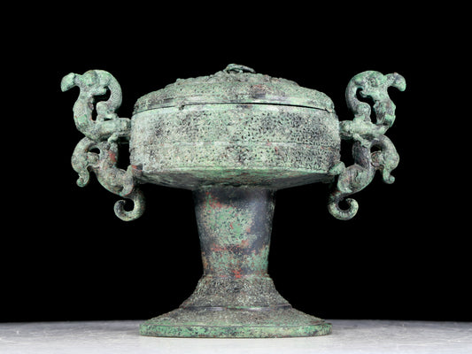 A precious bronze dragon-patterned double-eared stove with lid