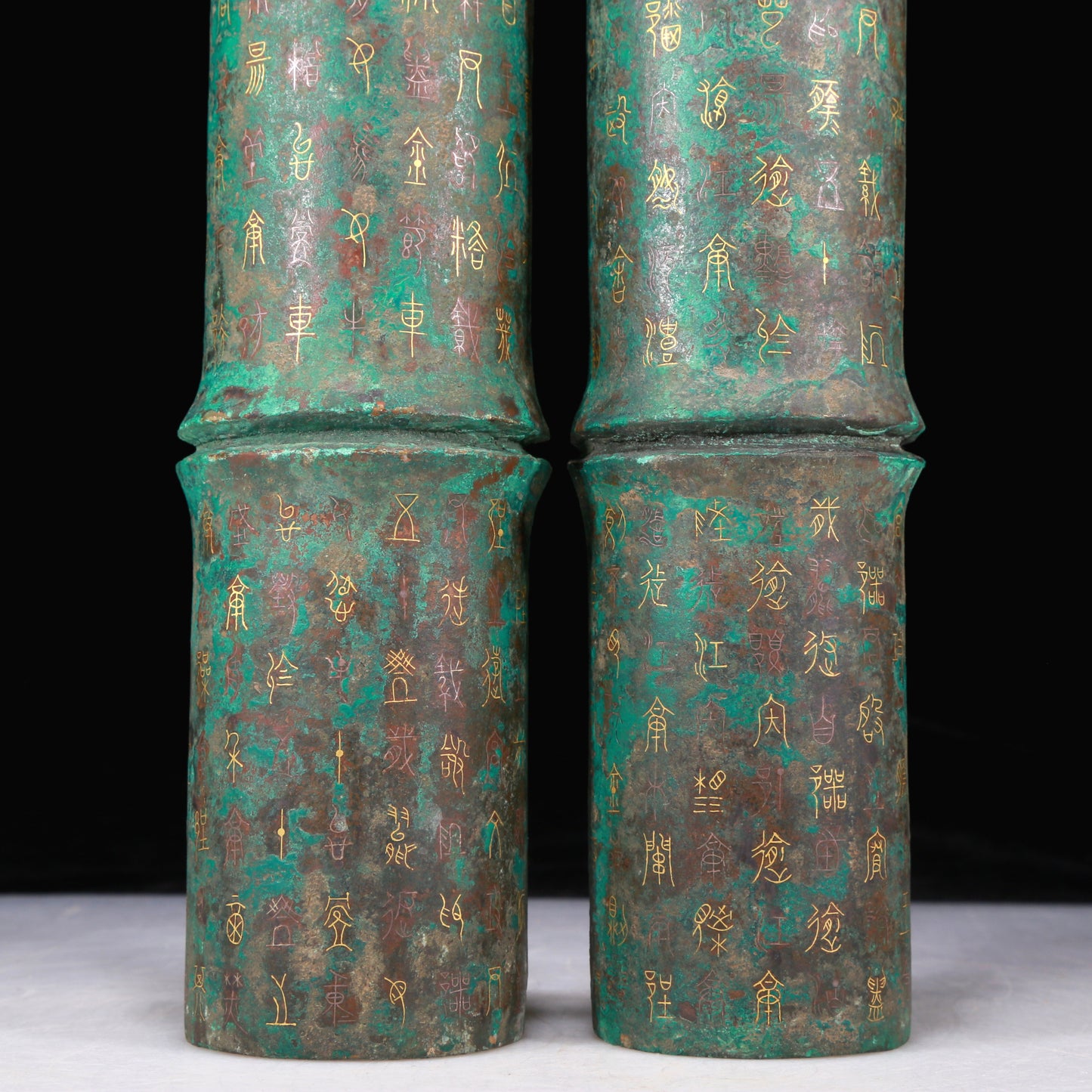 A Fantastic Pair Of Bronze Gold& Silver-Inlaid Bamboo-Ridged Decorations With Inscriptions