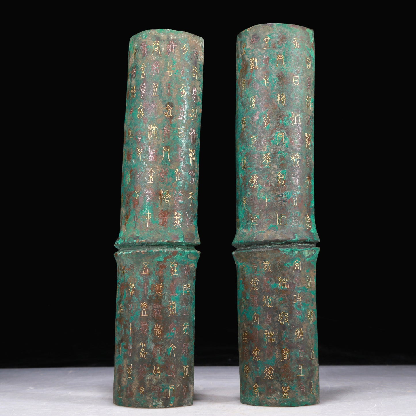 A Fantastic Pair Of Bronze Gold& Silver-Inlaid Bamboo-Ridged Decorations With Inscriptions