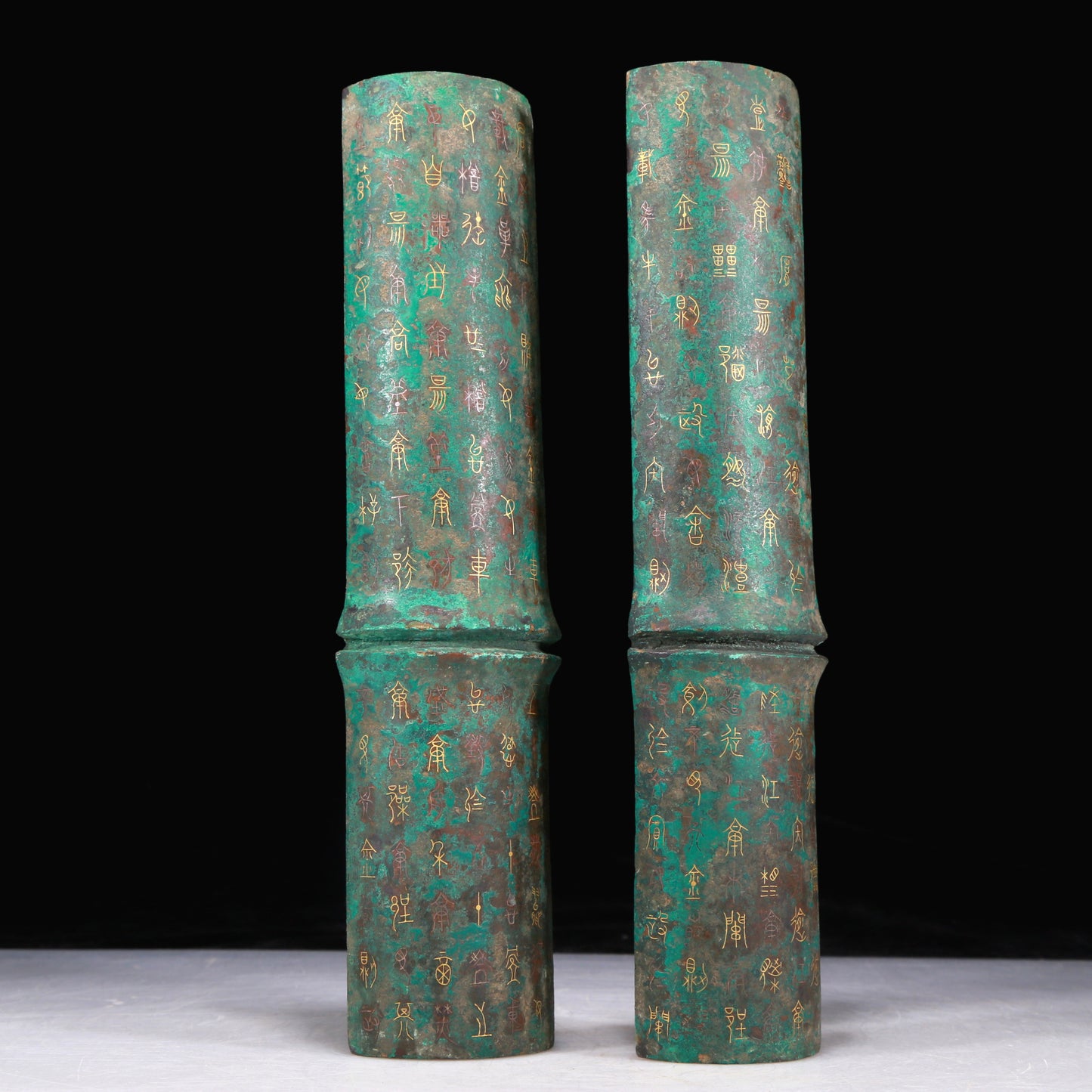 A Fantastic Pair Of Bronze Gold& Silver-Inlaid Bamboo-Ridged Decorations With Inscriptions