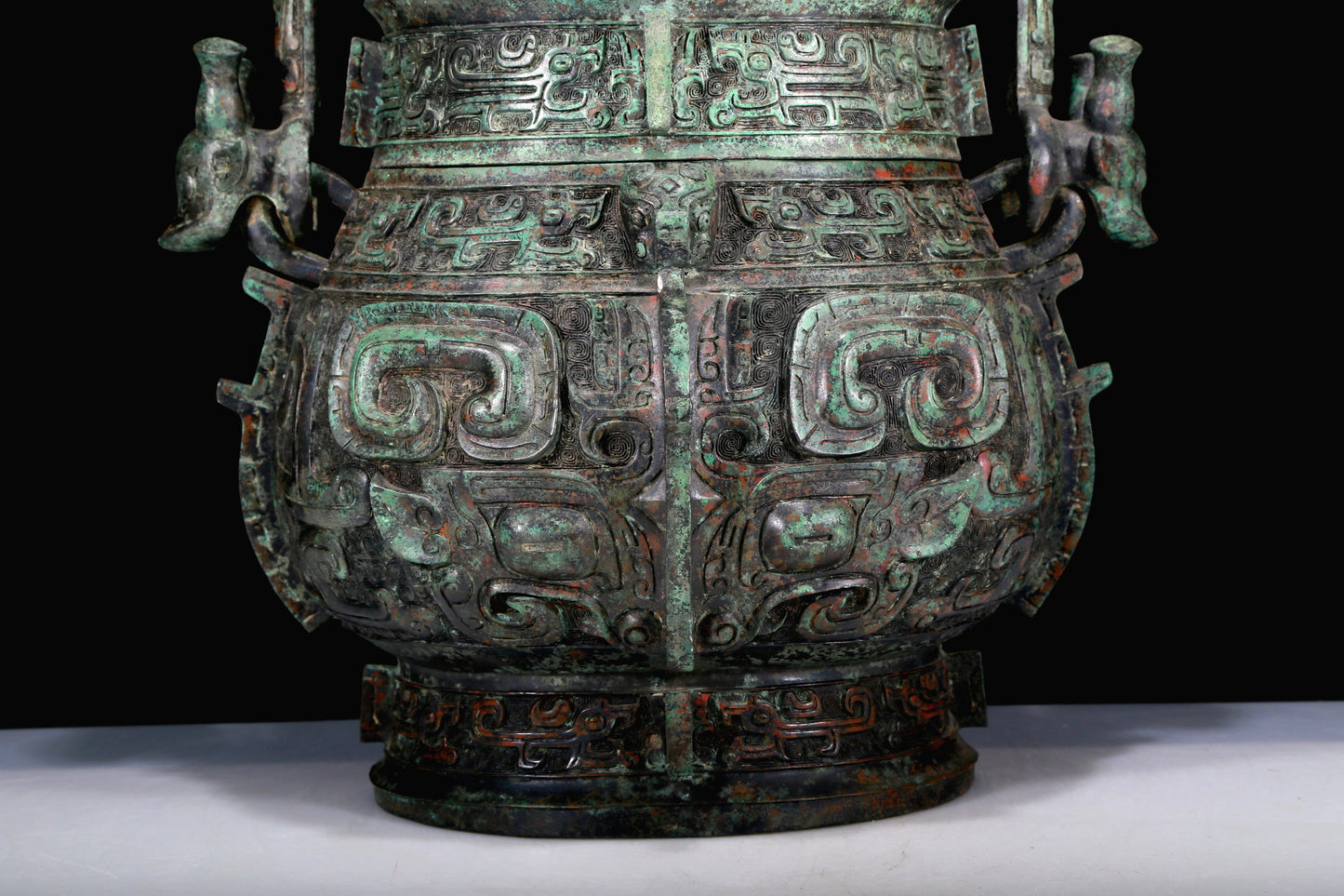 A Huge Archaic Bronze 'Animal Mask' Beast-Handled Pot With Inscriptions