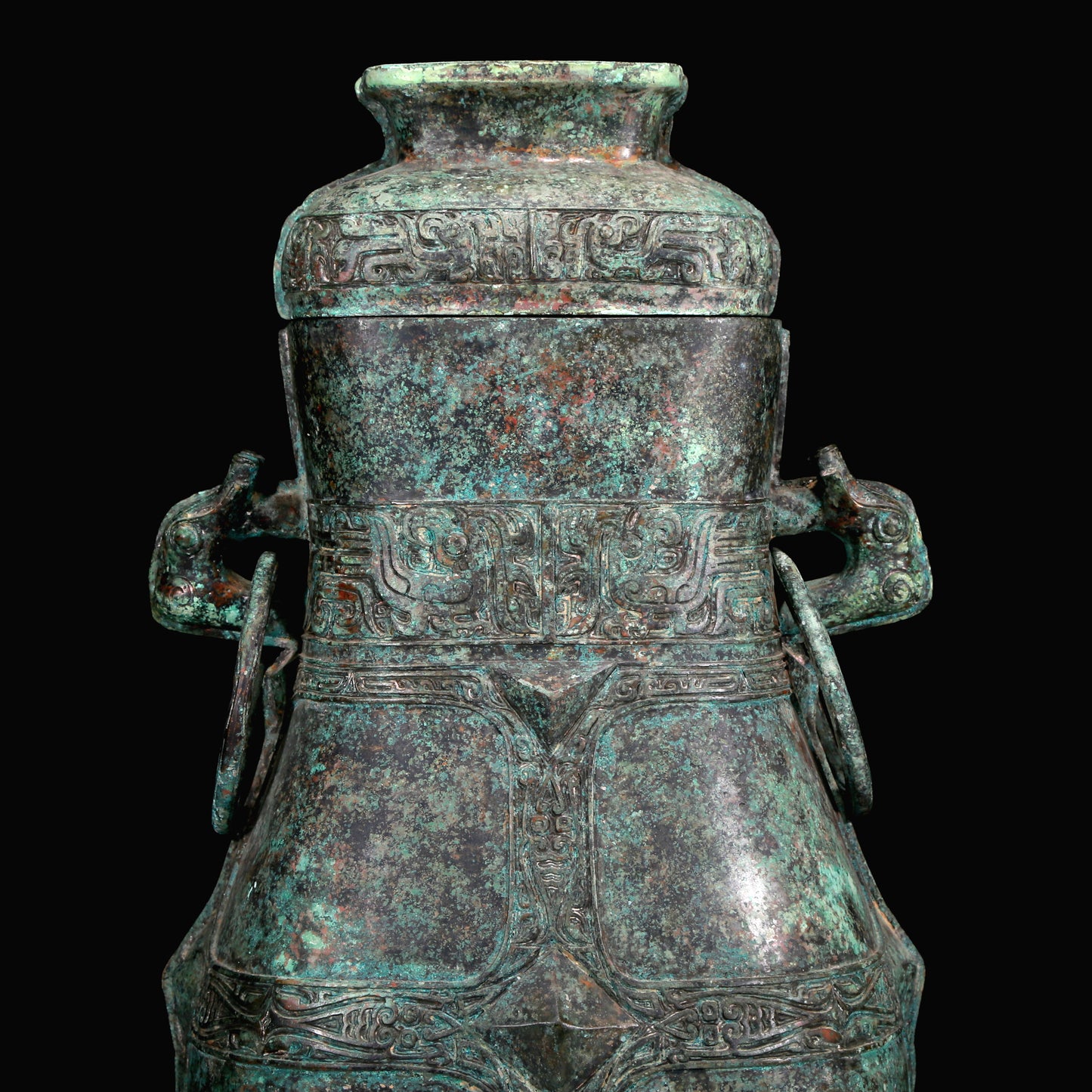 A Huge Archaic Bronze 'Animal Mask' Vase And Cover With Inscriptions