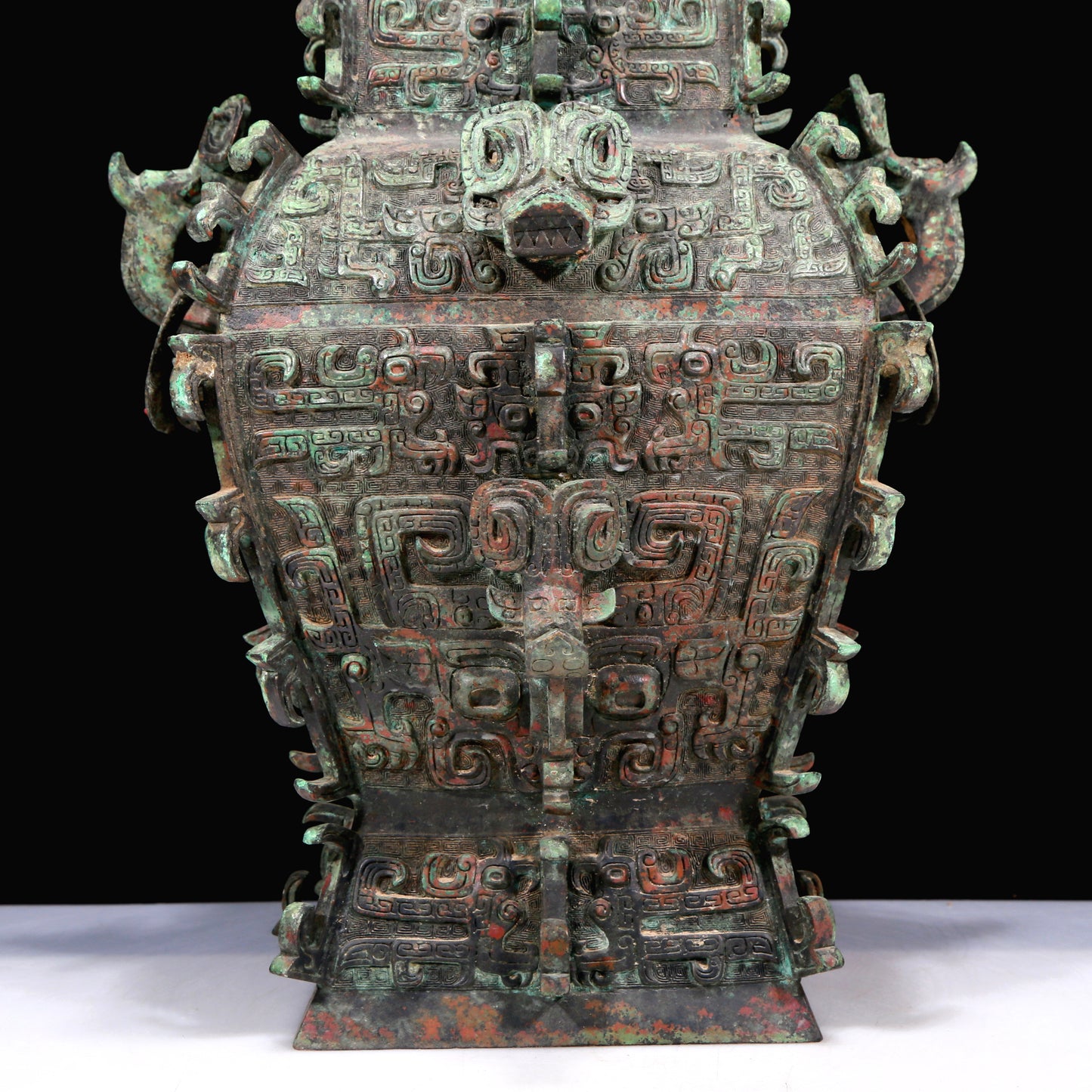 A Huge Archaic Bronze 'Animal Mask' Vase And Cover With Inscriptions