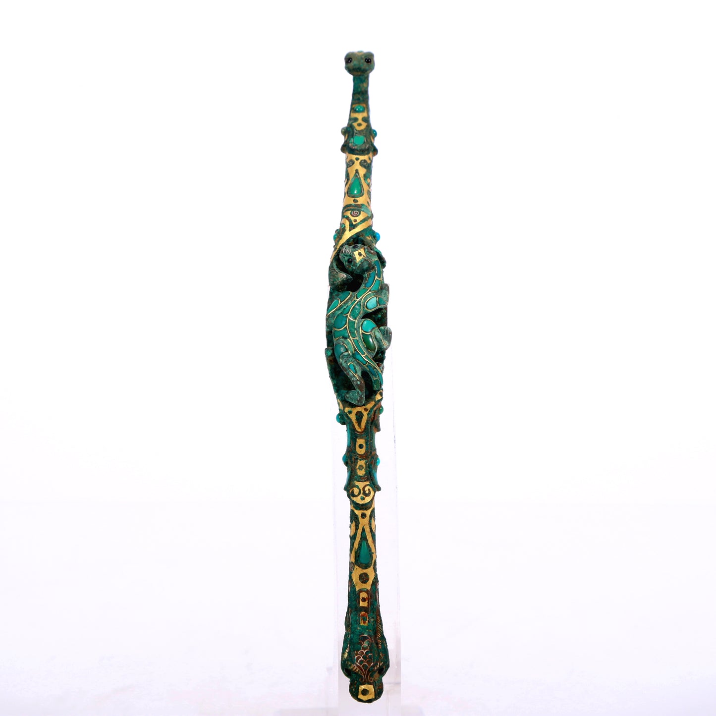 An Archaic Bronze Gold& Turquoise-Inlaid 'Chi-Dragon' Belt-Hook