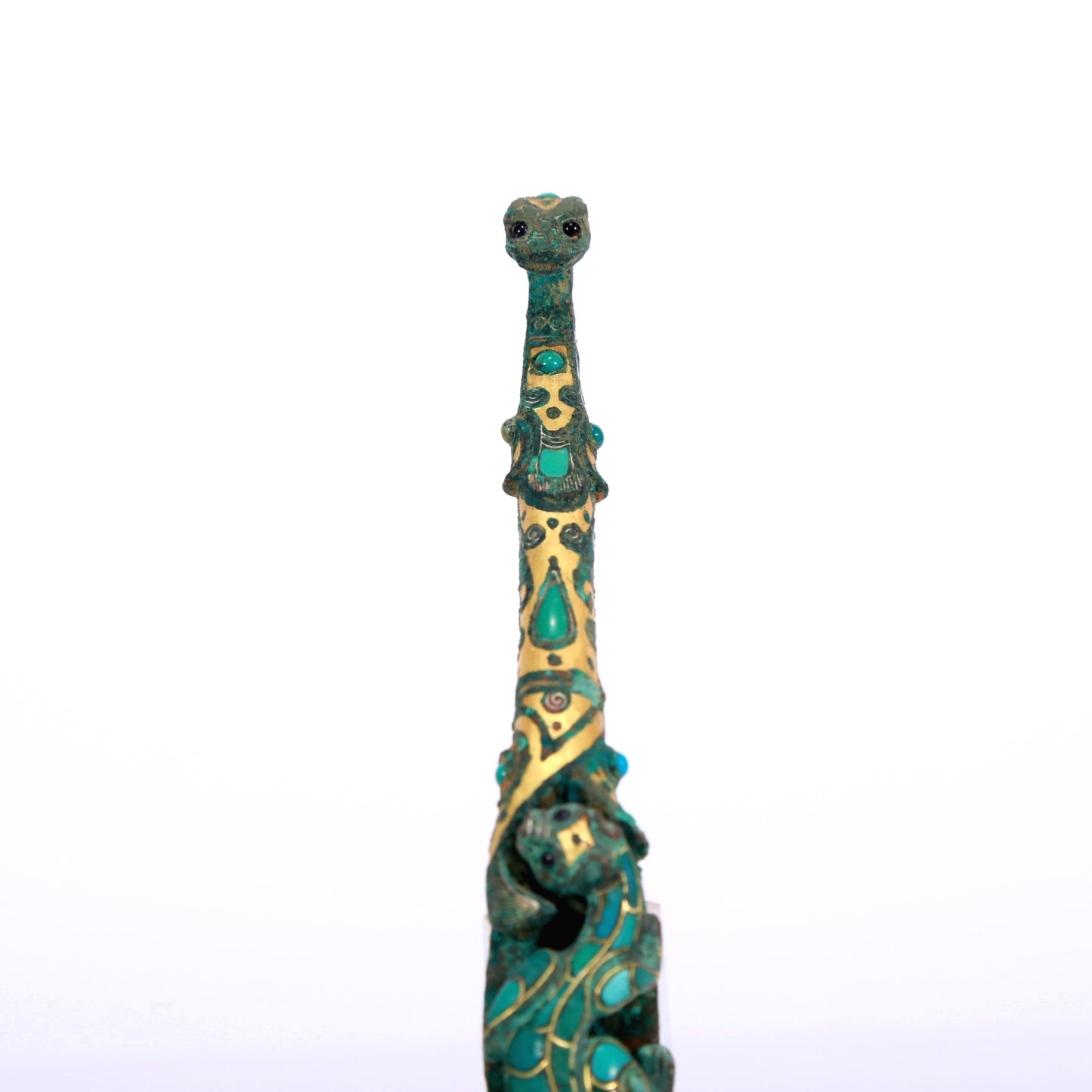 An Archaic Bronze Gold& Turquoise-Inlaid 'Chi-Dragon' Belt-Hook