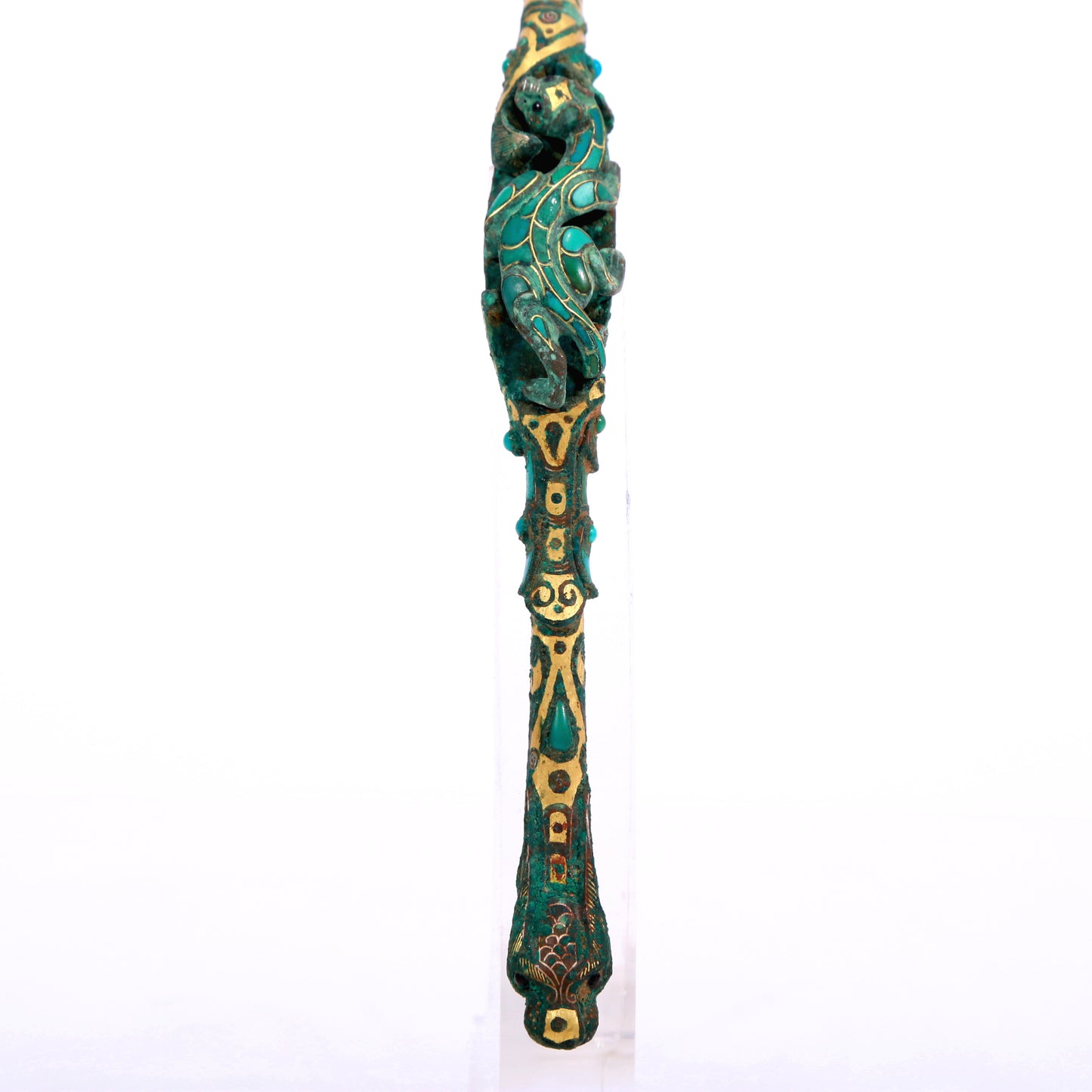 An Archaic Bronze Gold& Turquoise-Inlaid 'Chi-Dragon' Belt-Hook