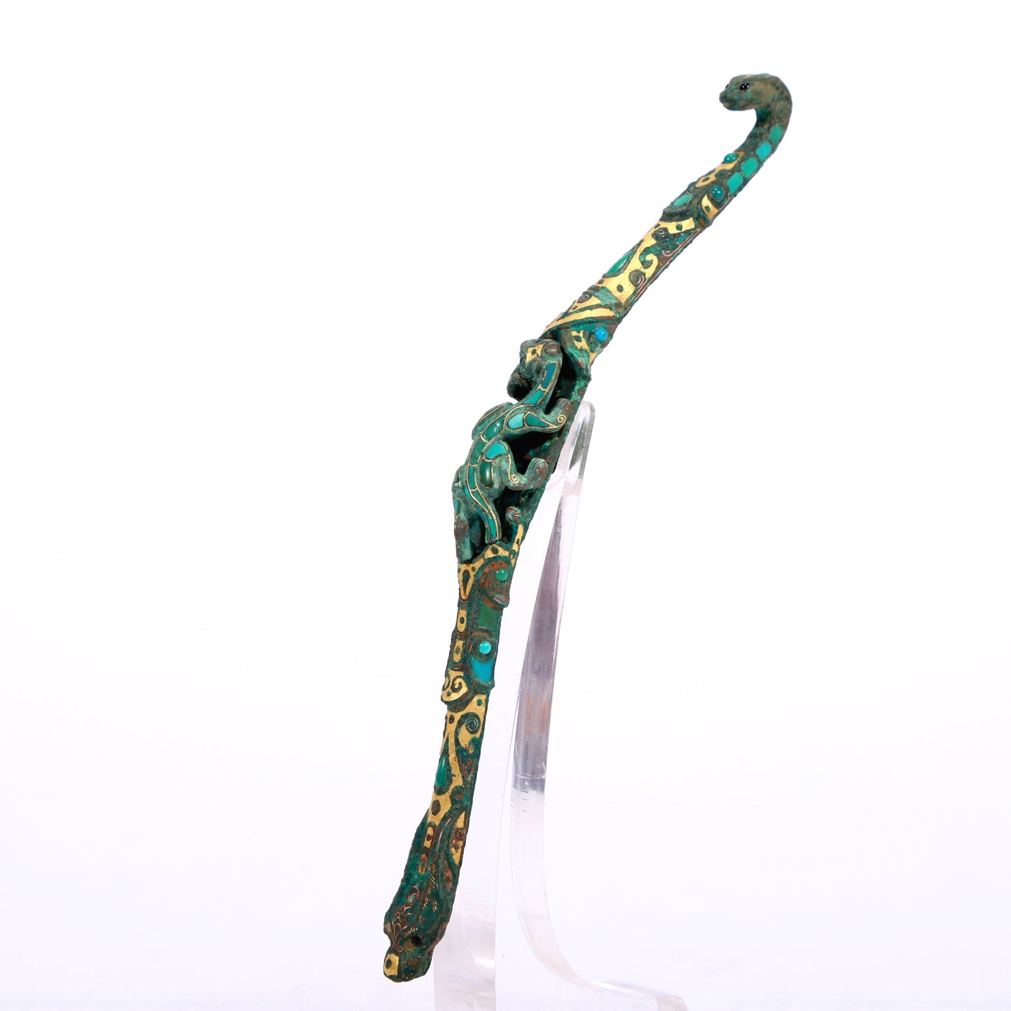 An Archaic Bronze Gold& Turquoise-Inlaid 'Chi-Dragon' Belt-Hook