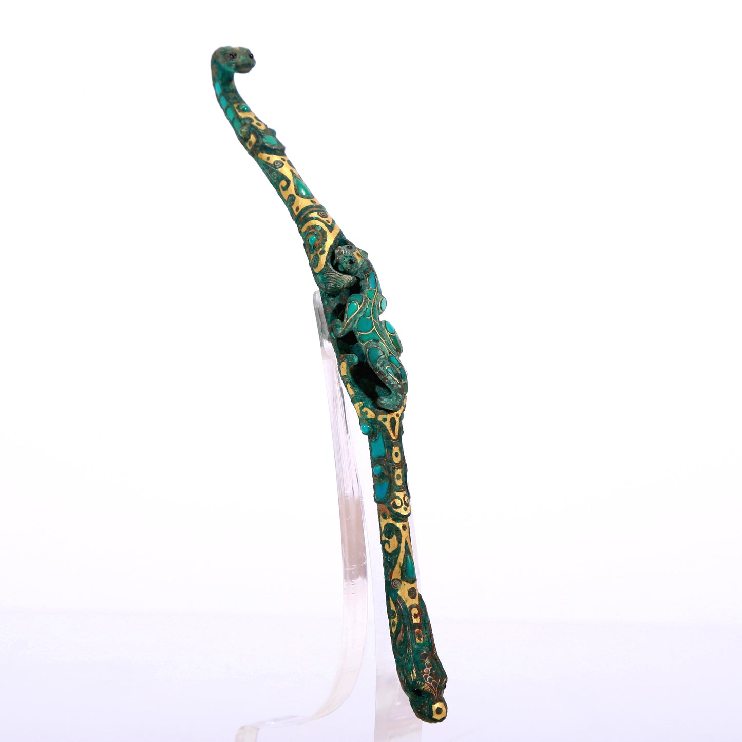 An Archaic Bronze Gold& Turquoise-Inlaid 'Chi-Dragon' Belt-Hook
