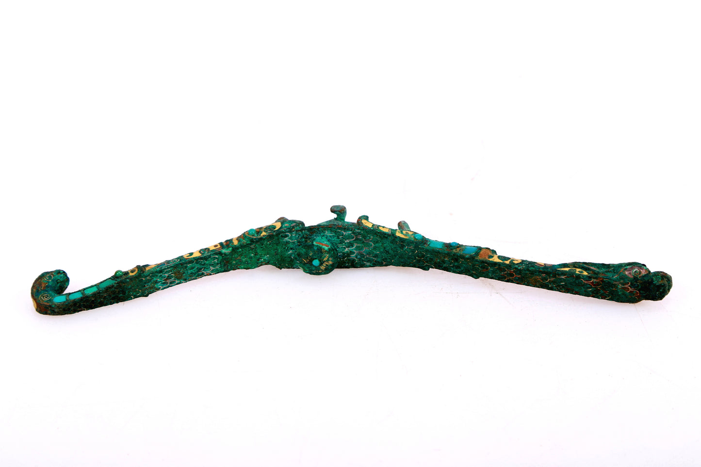 An Archaic Bronze Gold& Turquoise-Inlaid 'Chi-Dragon' Belt-Hook
