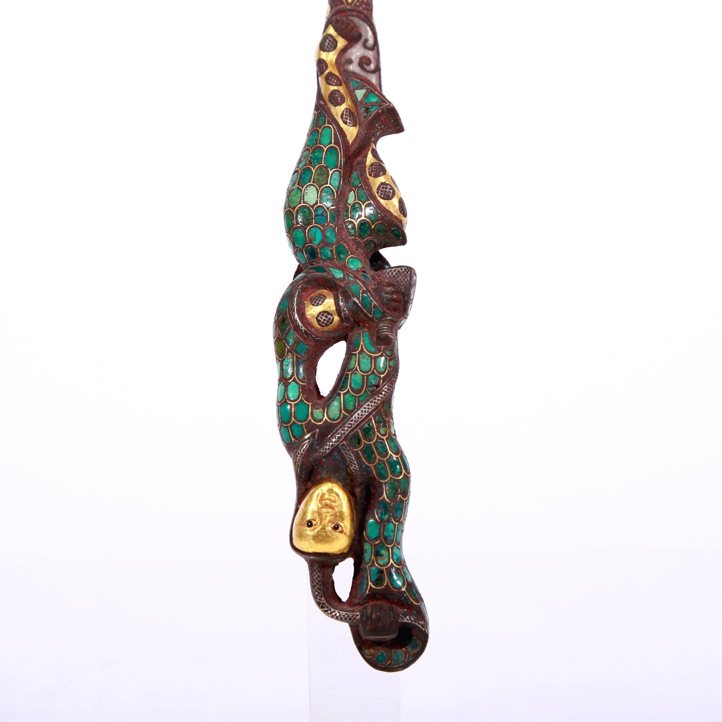 An Archaic Bronze Gold& Silver& Turquoise-Inlaid 'Auspicious Beast' Belt-Hook