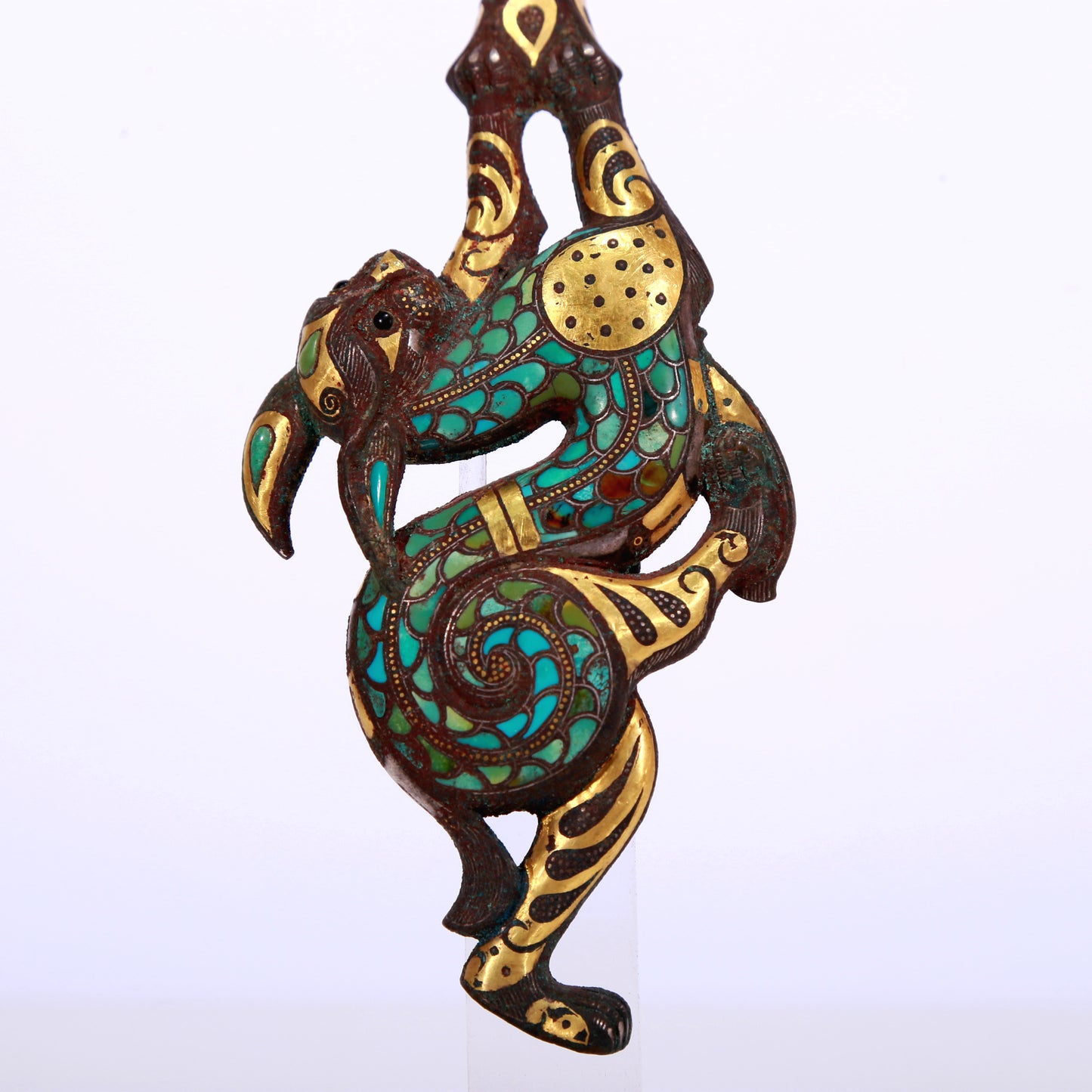 An Archaic Bronze Gold& Silver& Turquoise-Inlaid 'Auspicious Beast' Belt-Hook