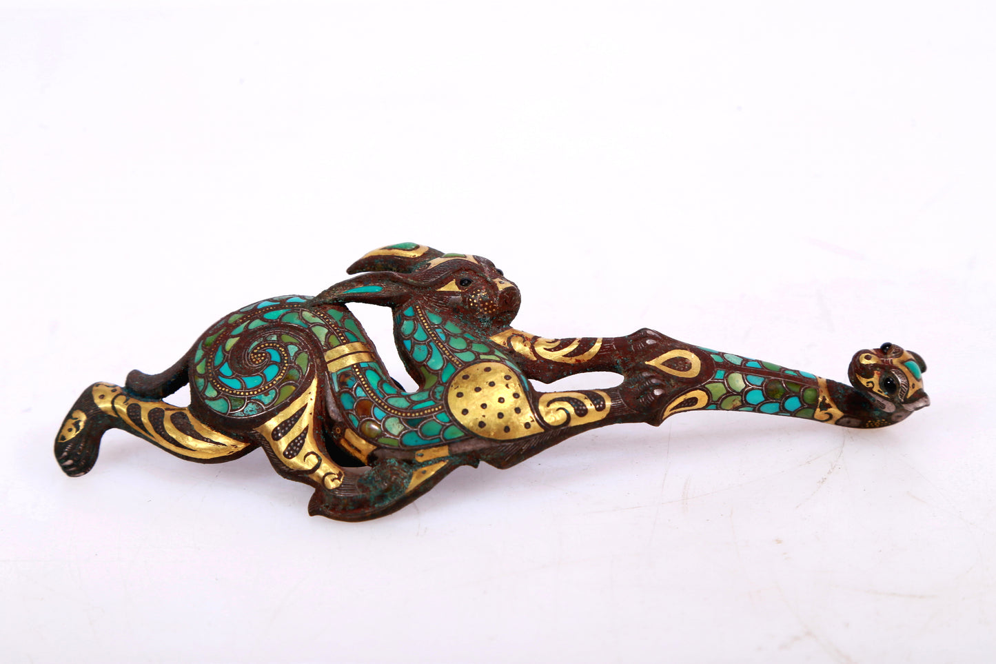 An Archaic Bronze Gold& Silver& Turquoise-Inlaid 'Auspicious Beast' Belt-Hook