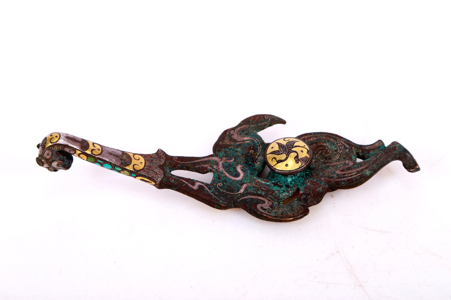 An Archaic Bronze Gold& Silver& Turquoise-Inlaid 'Auspicious Beast' Belt-Hook