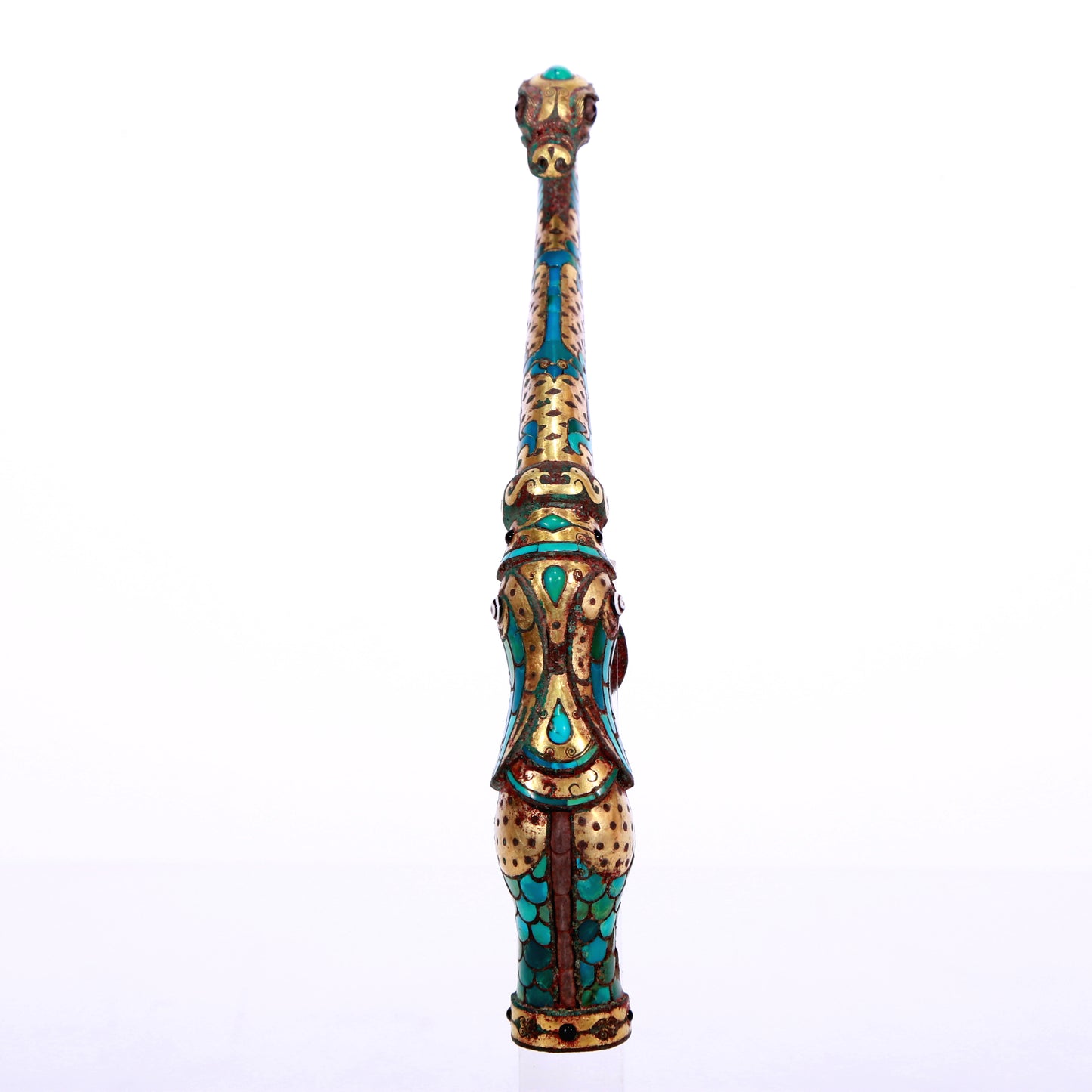 An Archaic Bronze Gold& Turquoise-Inlaid 'Auspicious Beast' Belt-Hook