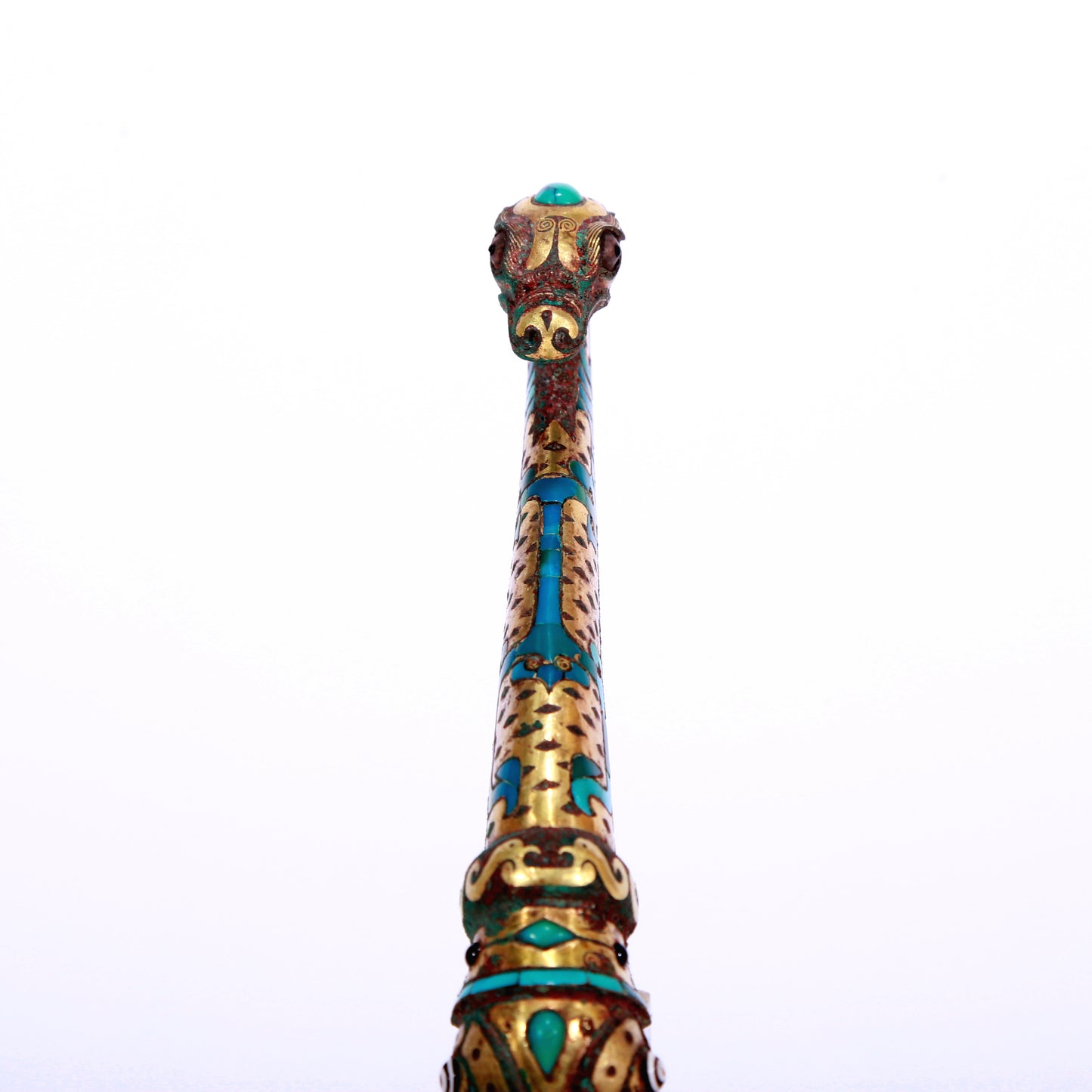 An Archaic Bronze Gold& Turquoise-Inlaid 'Auspicious Beast' Belt-Hook