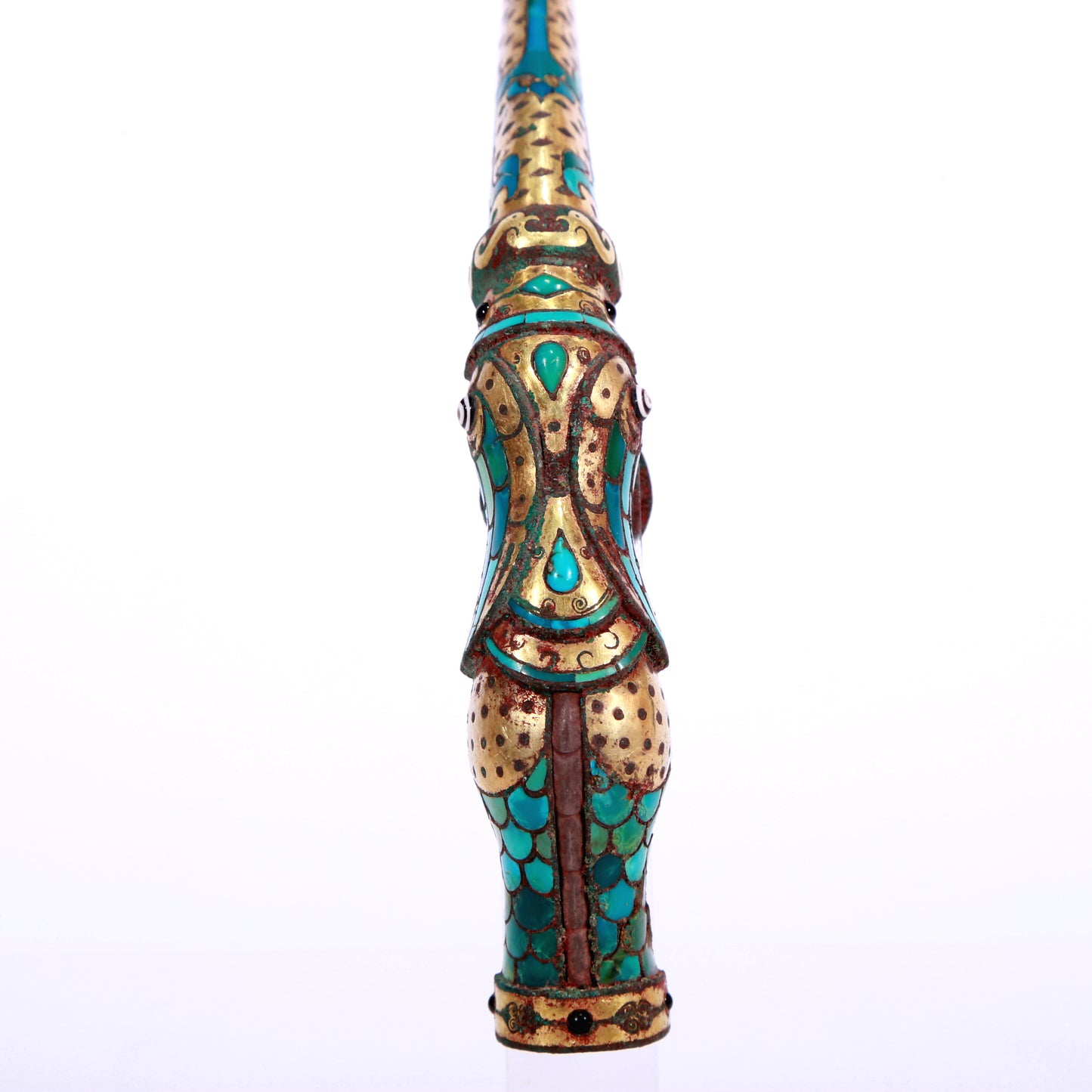 An Archaic Bronze Gold& Turquoise-Inlaid 'Auspicious Beast' Belt-Hook