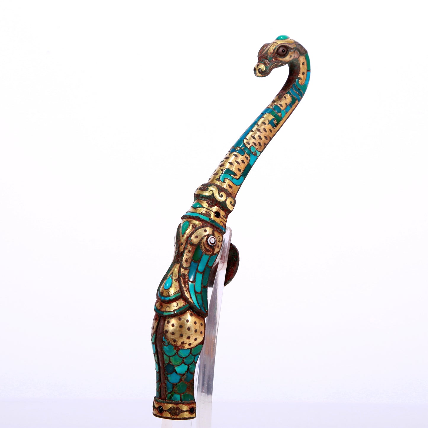 An Archaic Bronze Gold& Turquoise-Inlaid 'Auspicious Beast' Belt-Hook