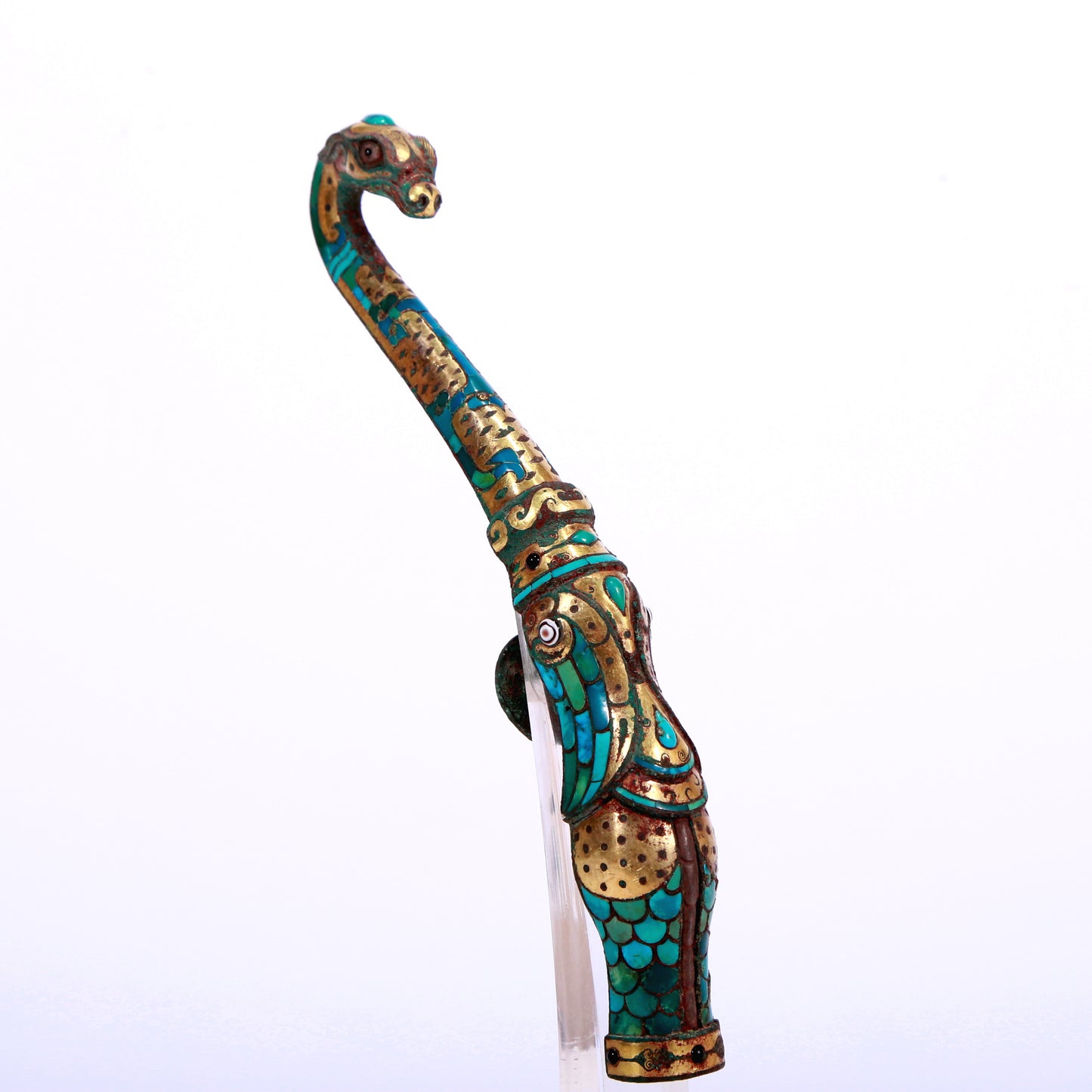 An Archaic Bronze Gold& Turquoise-Inlaid 'Auspicious Beast' Belt-Hook