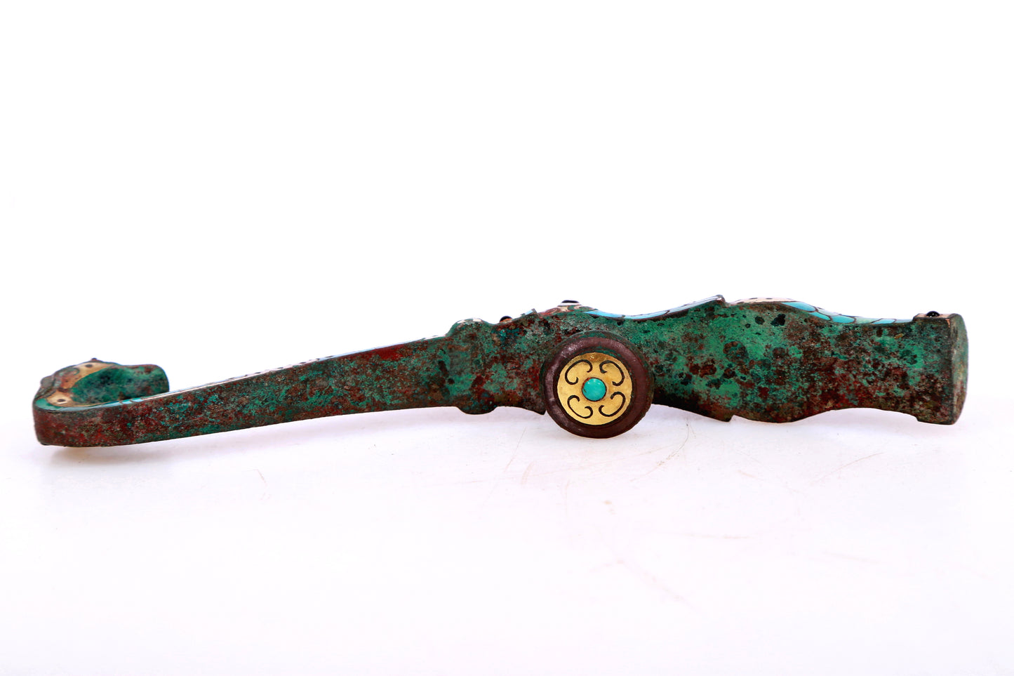 An Archaic Bronze Gold& Turquoise-Inlaid 'Auspicious Beast' Belt-Hook