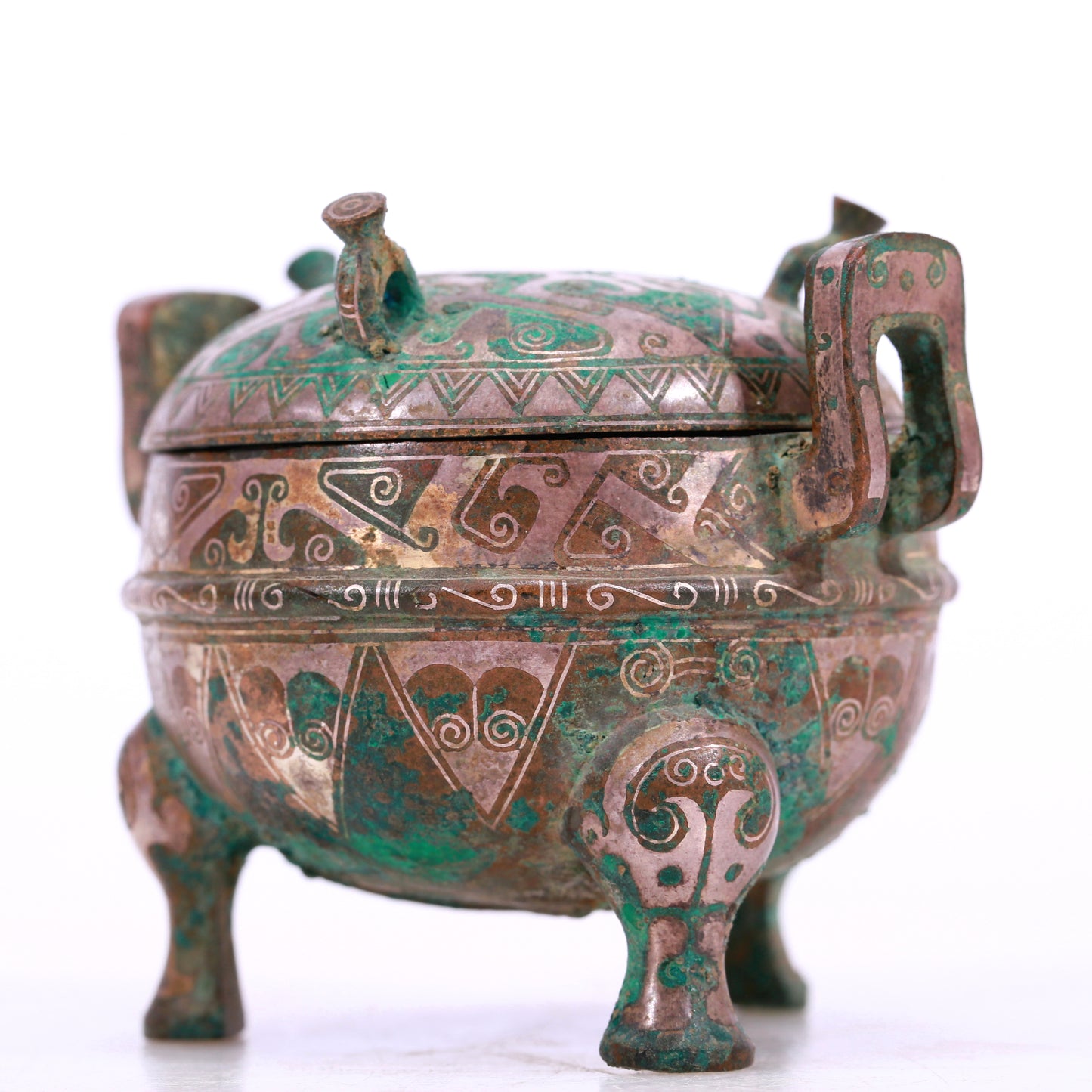 An Archaic Bronze Silver-Inlaid 'Auspicious Cloud' Tripod Censer And Cover