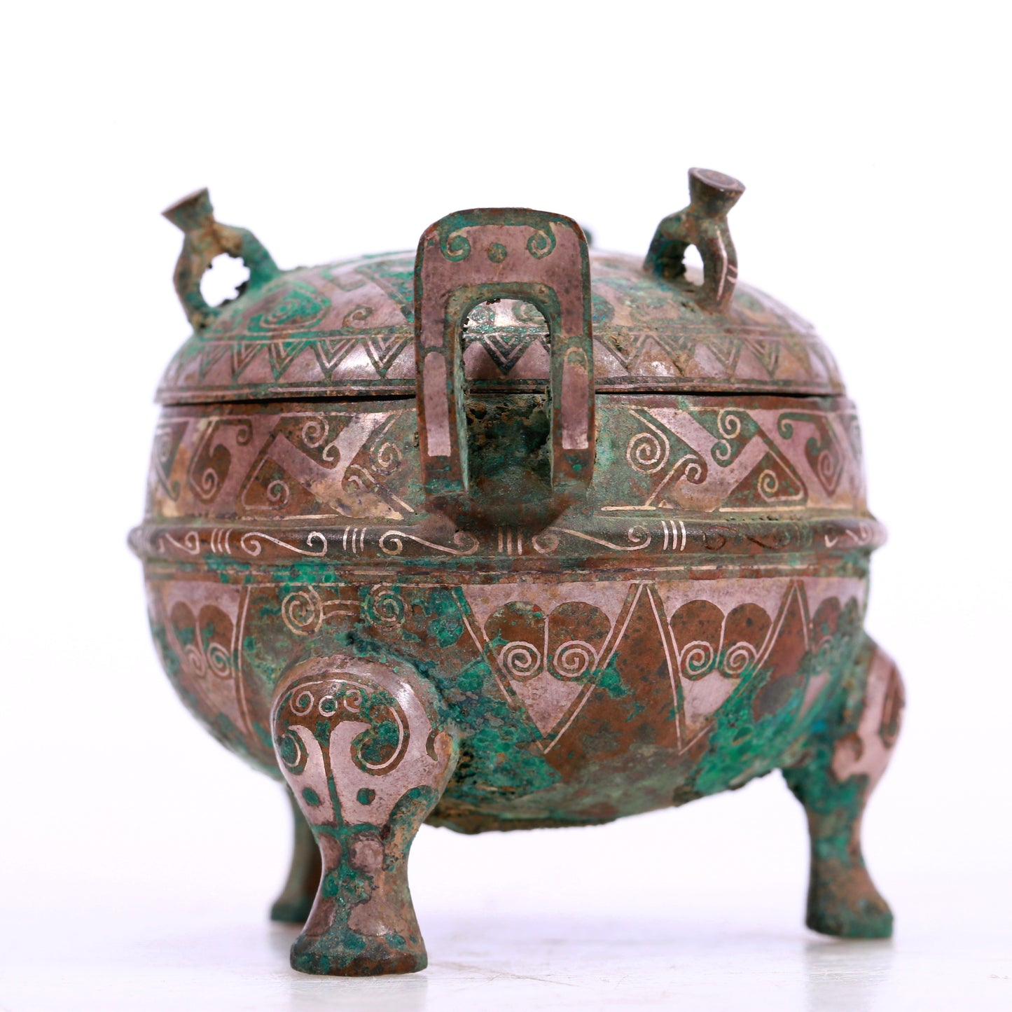 An Archaic Bronze Silver-Inlaid 'Auspicious Cloud' Tripod Censer And Cover