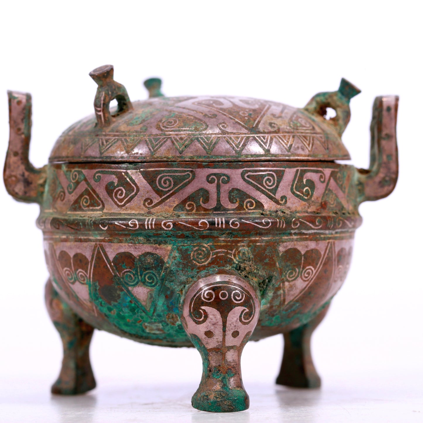 An Archaic Bronze Silver-Inlaid 'Auspicious Cloud' Tripod Censer And Cover